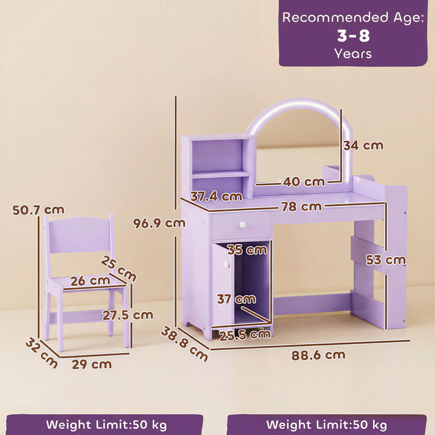 AIYAPLAY Kids Vanity Table and Chair Set, Kids Vanity Table with 2-Colour LED Mirror, Stool, Cabinet, Drawer, Shelves, Purple