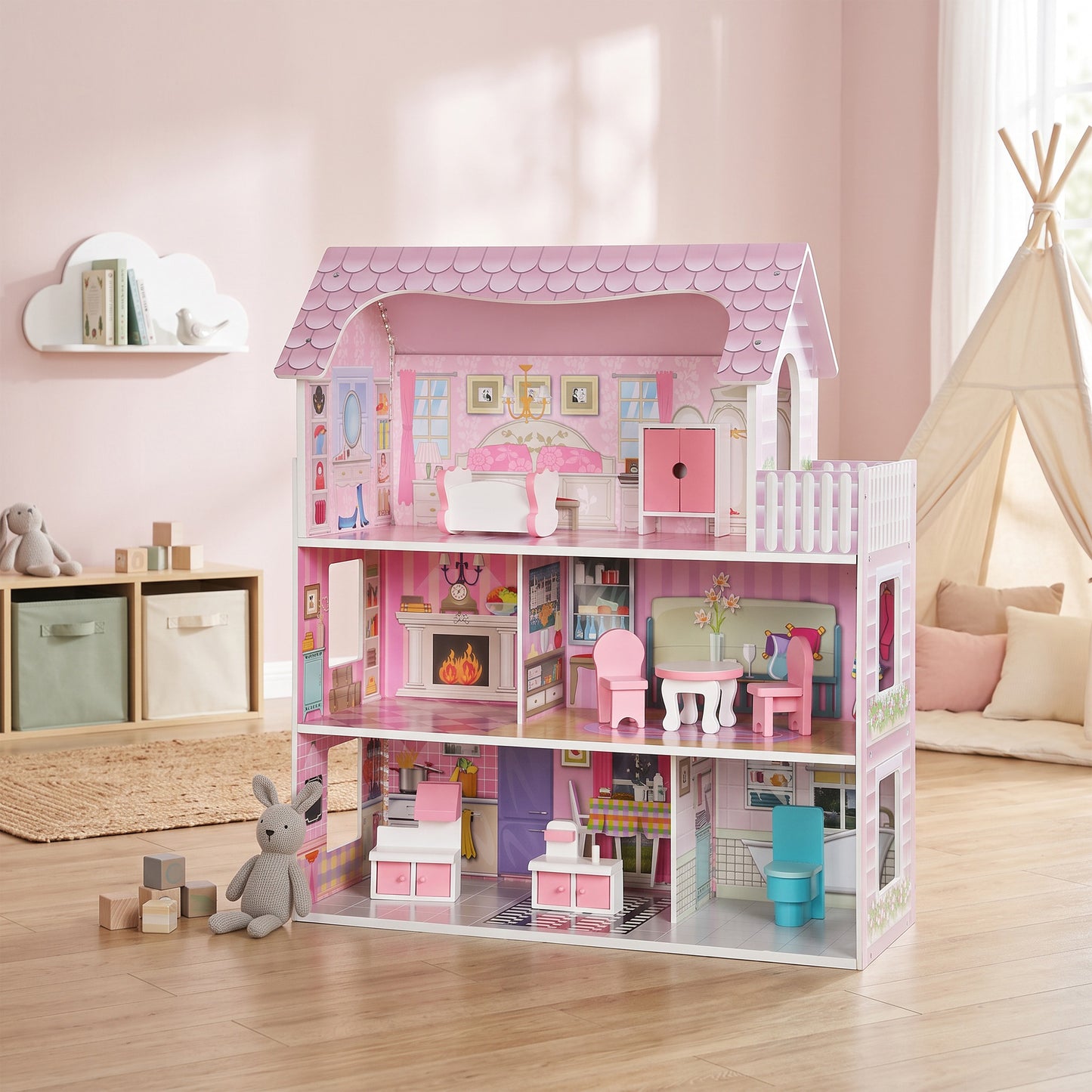AIYAPLAY Dolls House, 6 Rooms Modern Dollhouse with LED Lights, 8 Furniture Pieces, 3-Level Playhouse Gift for Kids 3-6 Years
