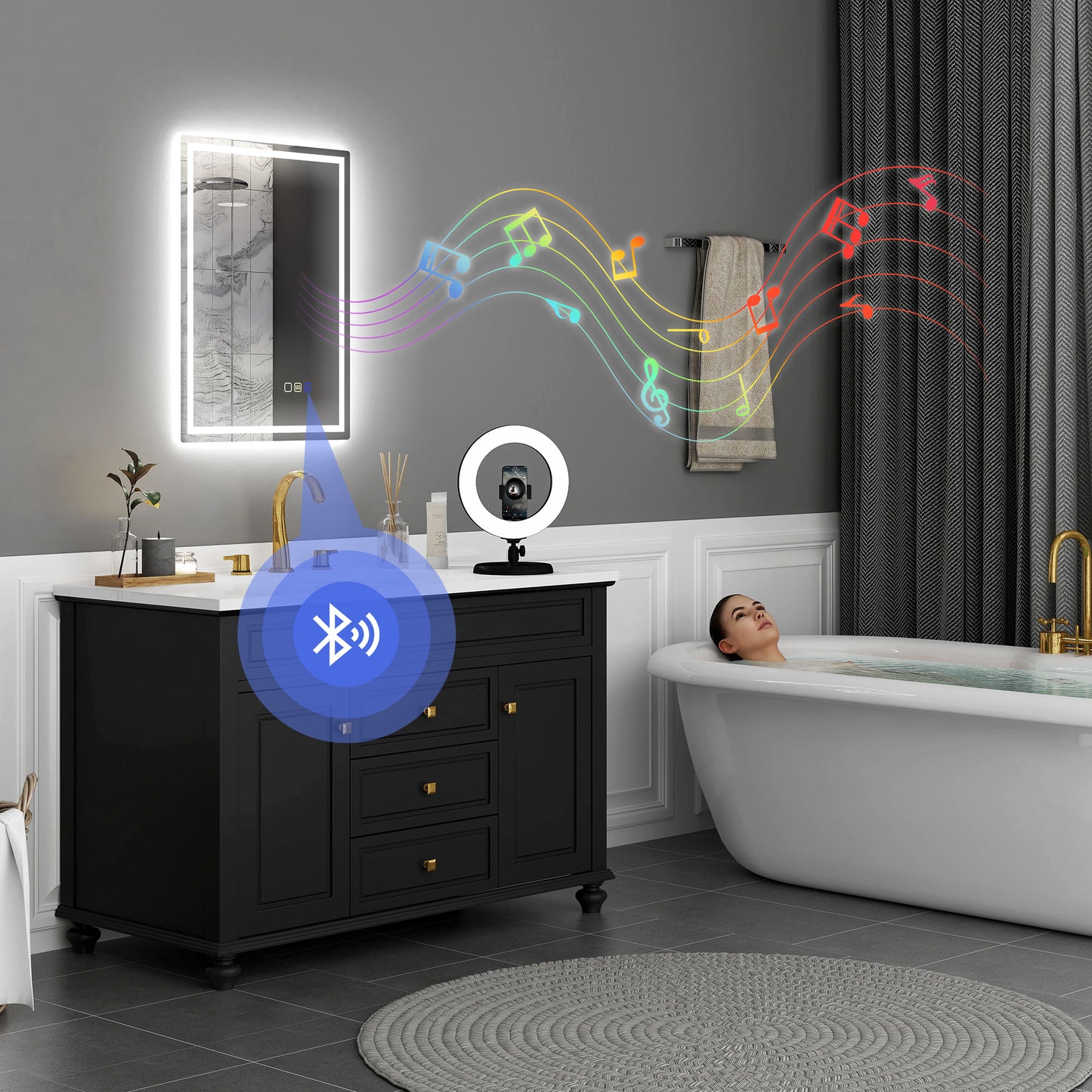 HOMCOM 60 x 80 cm Bluetooth LED Bathroom Mirror with Demister Pad - Silver Tone