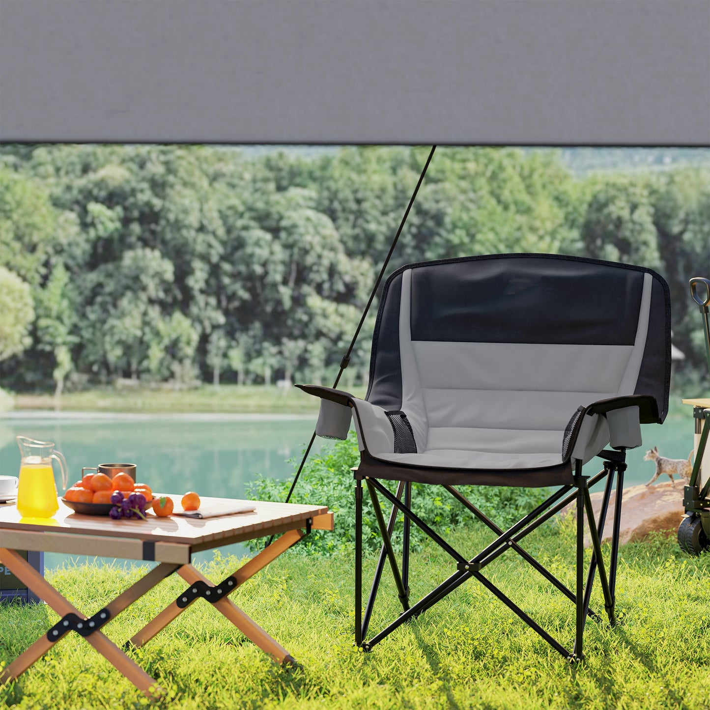 Outsunny Folding Camping Chair, Portable Padded Chair with Cup Holders, Side Pockets, Carry Bag for Picnic, Hiking, Fishing, Grey