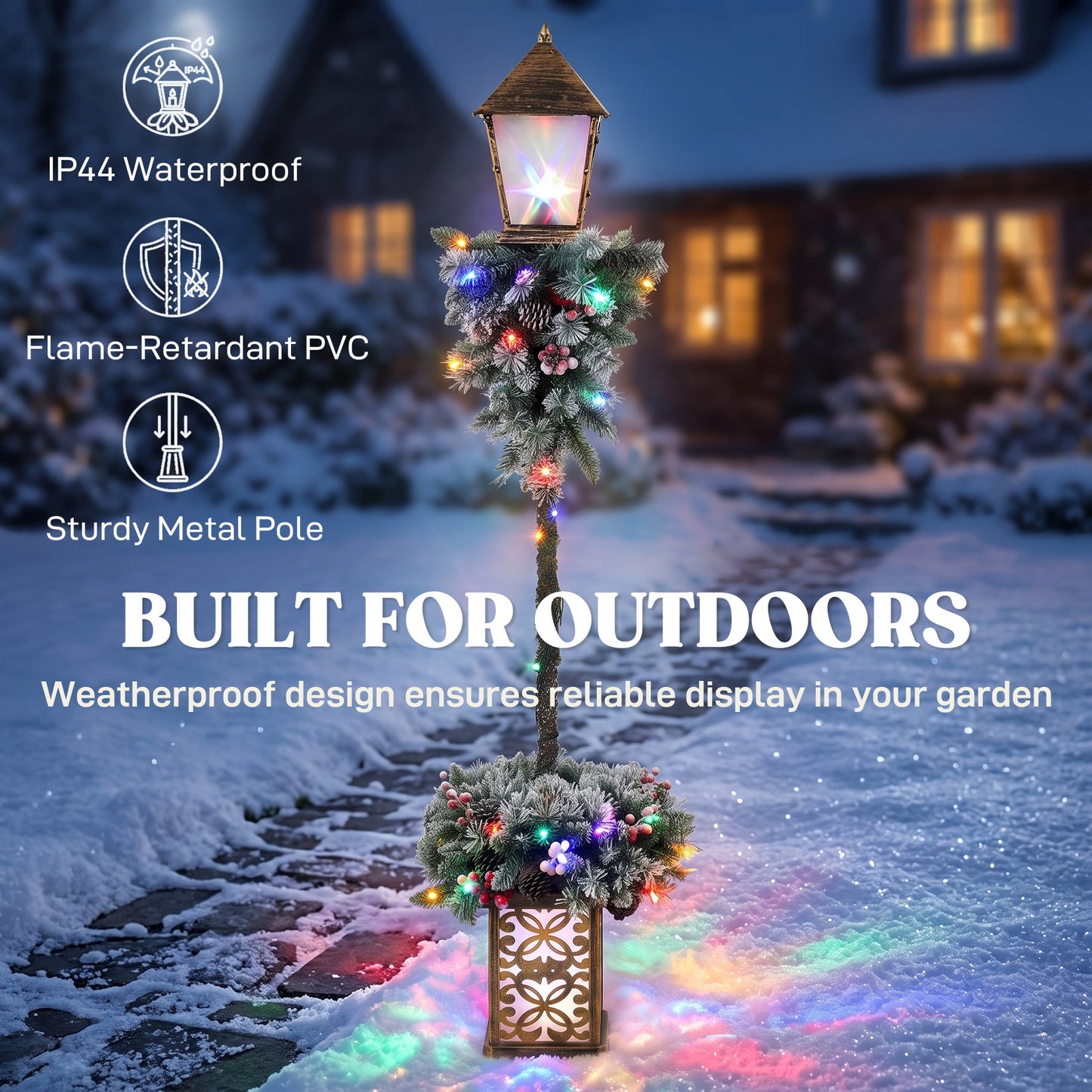 Outsunny Christmas Street Lamp, Outdoor Lighted Christmas Lamp Post with LED Lights, Snow Flocked Tips, Red Berries, Pine Cones
