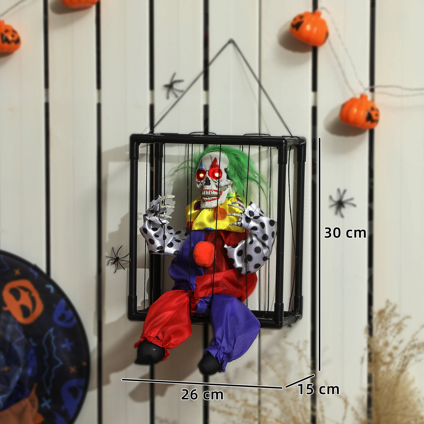Outsunny Halloween Animated Clown in Cage with LED Eyes, Spooky Decorations, Battery Operated, Indoor Party Props, Halloween Decor - Clown