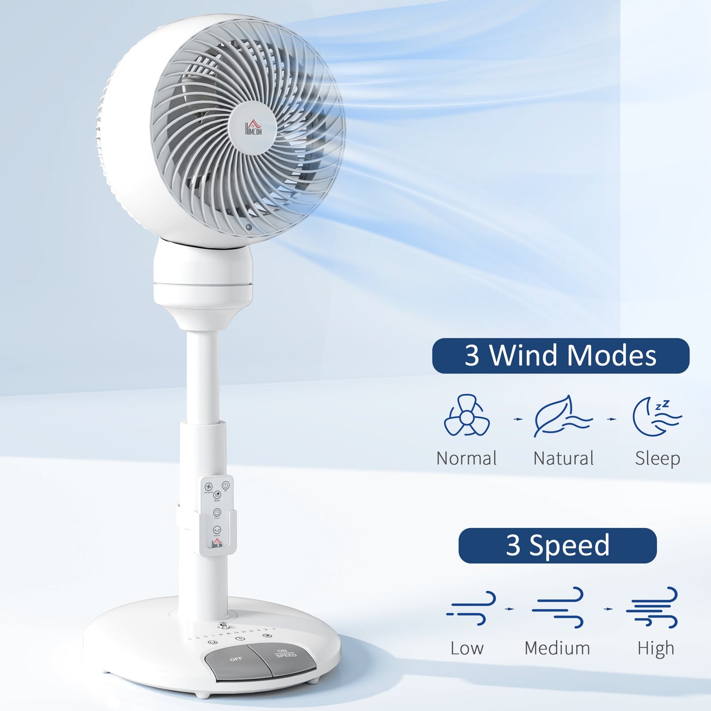 HOMCOM 9'' Air Circulator Fan, 3 Speeds, 70° Oscillation, Height Adjustable, with Remote, White