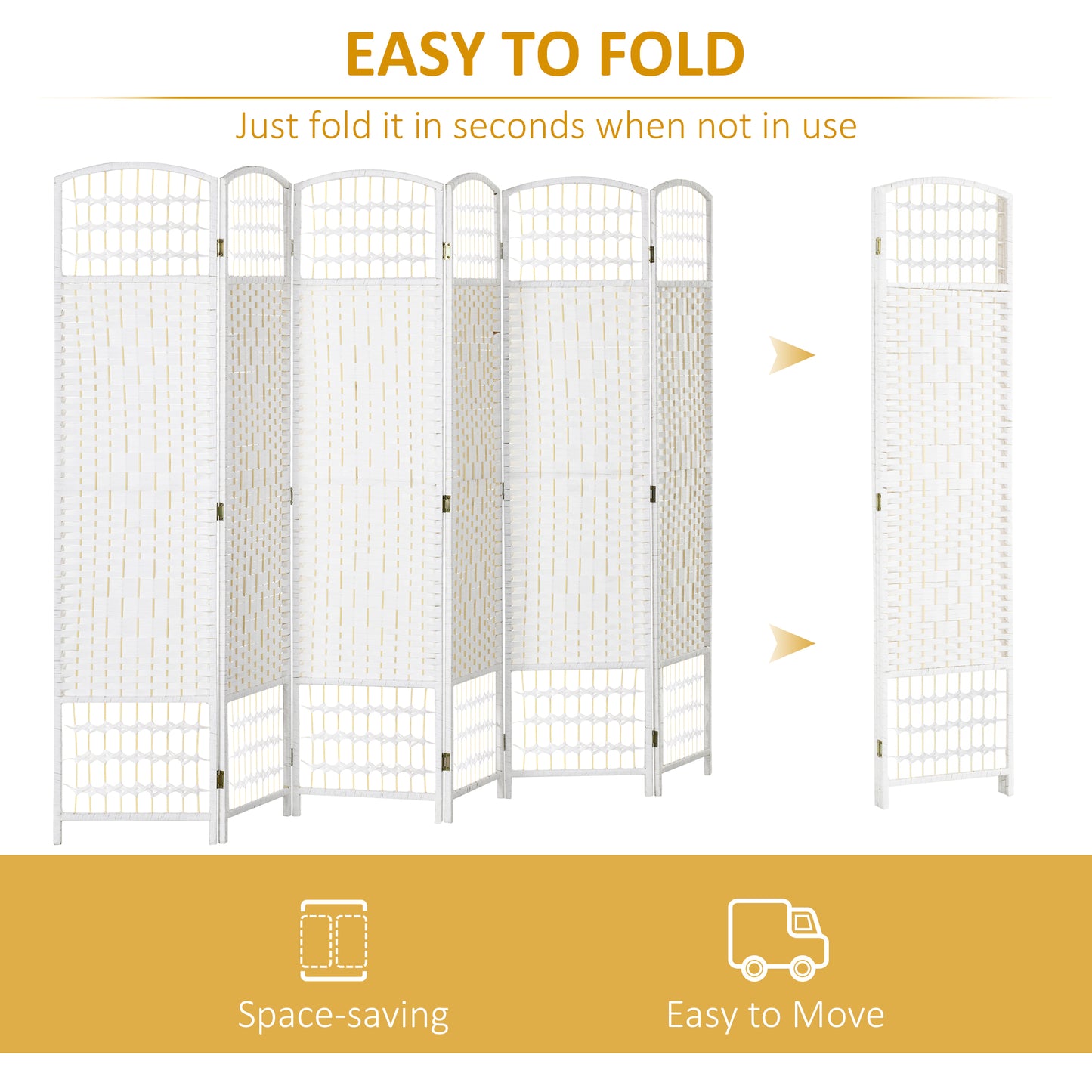 HOMCOM 6 Panel Folding Room Divider, Privacy Screen, Paravent Partition Separator for Living Room, Bedroom, White