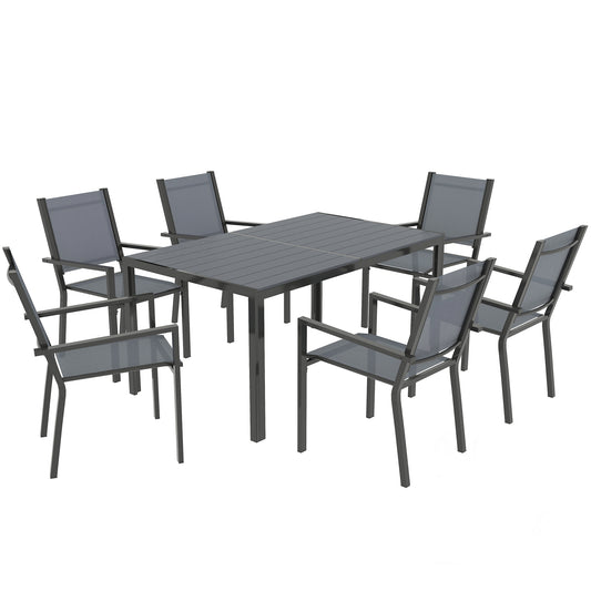 Outsunny 7 Piece Garden Dining Set, Outdoor Furniture with 6 Stackable Chairs & 150 cm Rectangle Table, Steel Frame, WPC Top, for Garden - Color