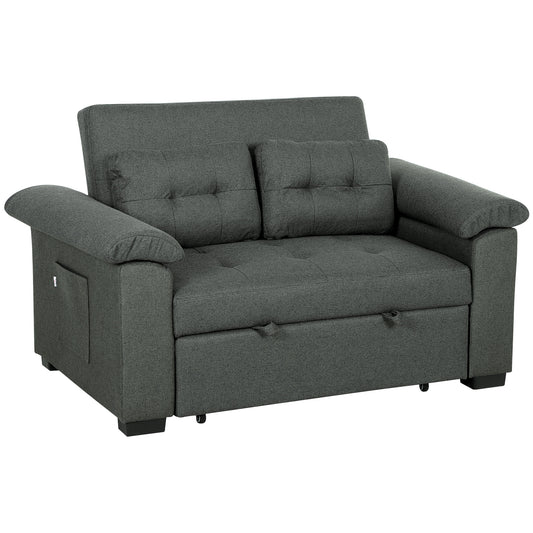 HOMCOM Pull Out Sofa Bed, 2 Seater Click Clack Convertible Couch with Pillows and Side Pockets for Living Room, Charcoal Grey