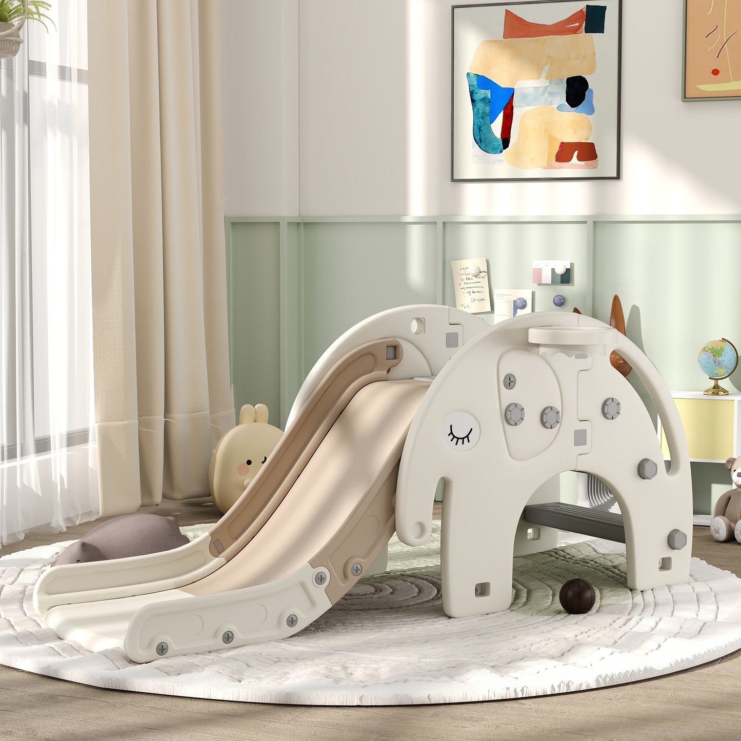 AIYAPLAY 3 in 1 Toddler Slide with Basketball Hoop, Climber, Elephant-Themed, for 1-3 Years - Cream White