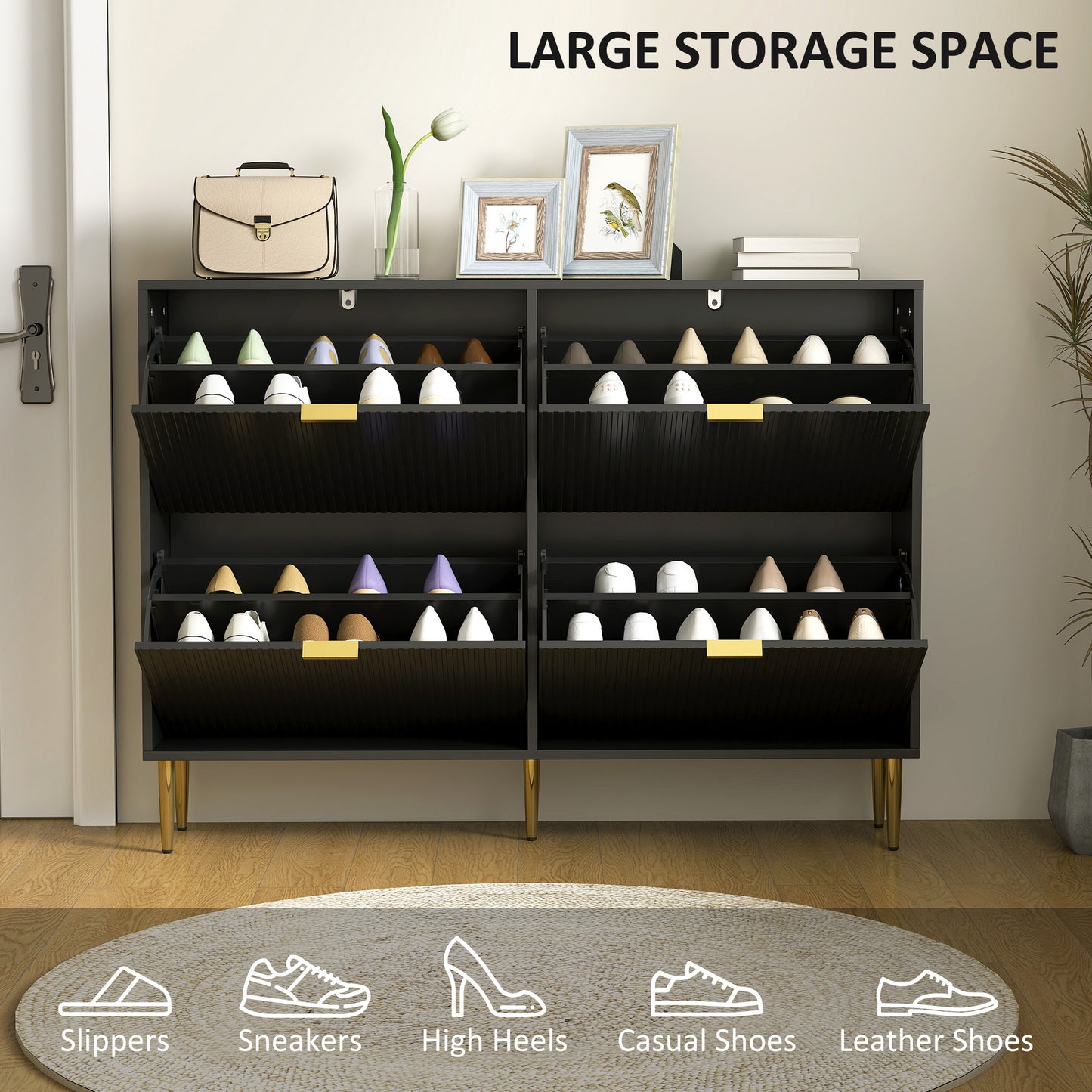 HOMCOM Narrow Shoe Cabinet with 4 Flip Drawers - Black