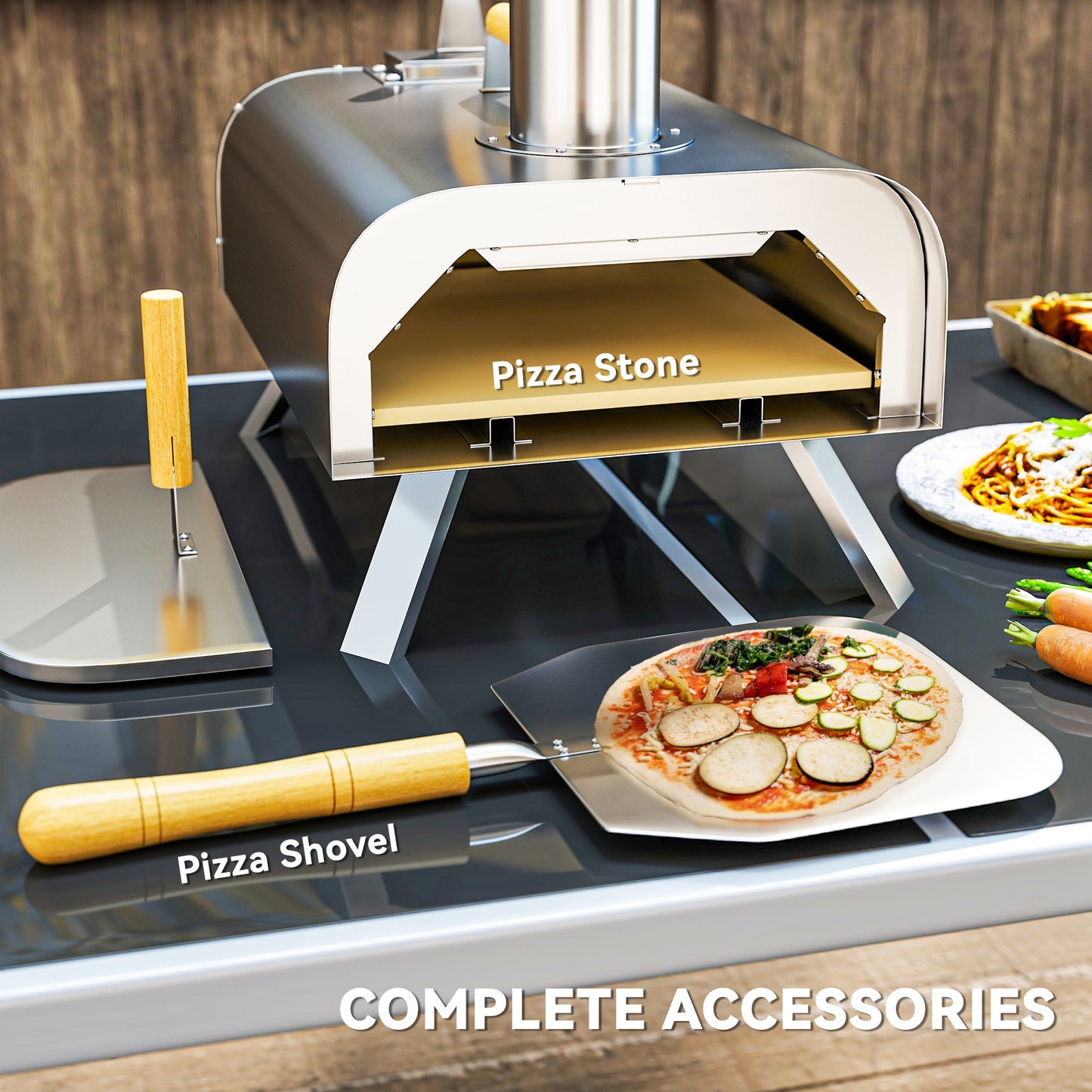 Outsunny Portable Wood Pellet Pizza Oven with Stone & Peel, Foldable Legs, Chimney, 12" Wood Fired Pizza Maker, Stainless Steel for Outdoor Cooking