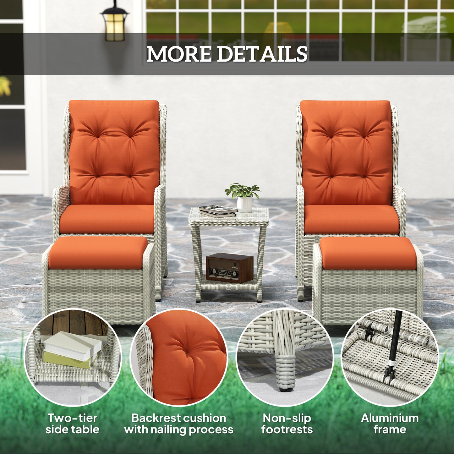 Outsunny 5-Piece Rattan Bistro Set: Reclining Chairs, Cushions, Glass Table, Footstools - Orange
