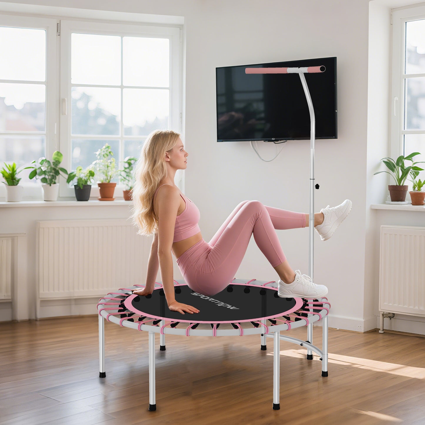 SPORTNOW 40" Fitness Trampoline, Mini Rebounder for Adults with 5-Level Adjustable Handle, Indoor Bungee, Max Load 100KG, Pink