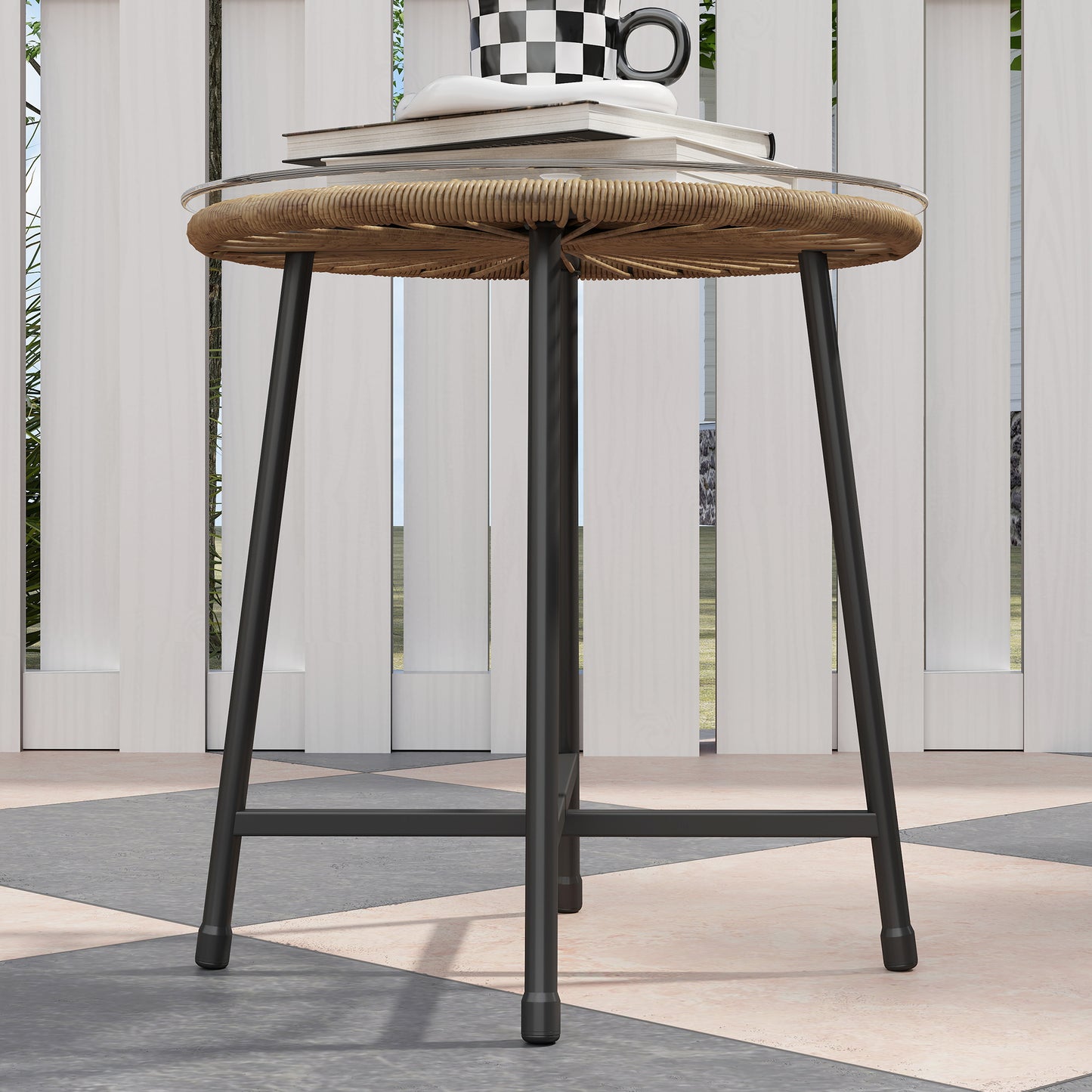 Outsunny 3-Piece Rattan Bistro Set, Garden Table & Chairs with Cushions, Glass Top for Patio/Balcony