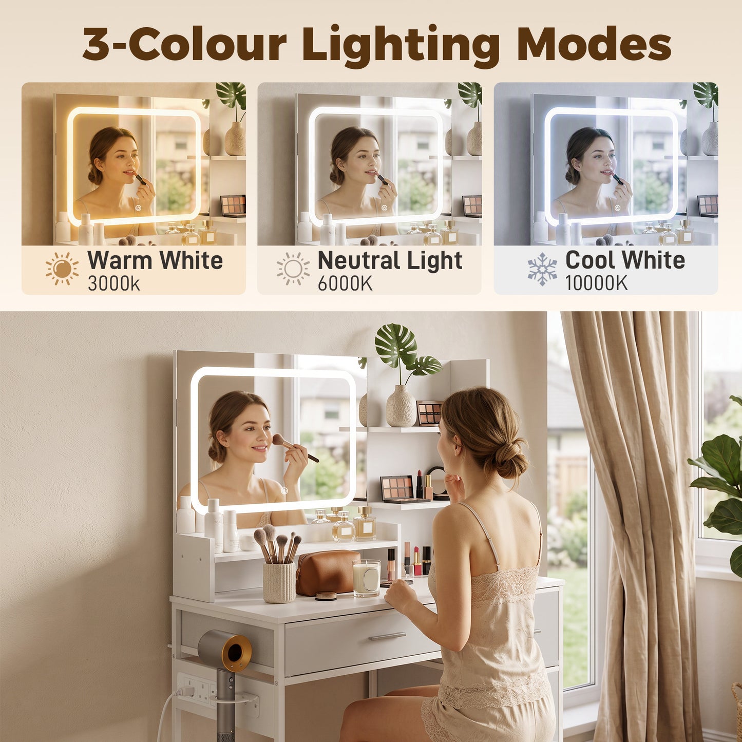 HOMCOM Dressing Table with 3-Colour LED Mirror, Power Outlet, Vanity Desk with 4 Drawers, 5 Shelves, Hair Dryer Holder