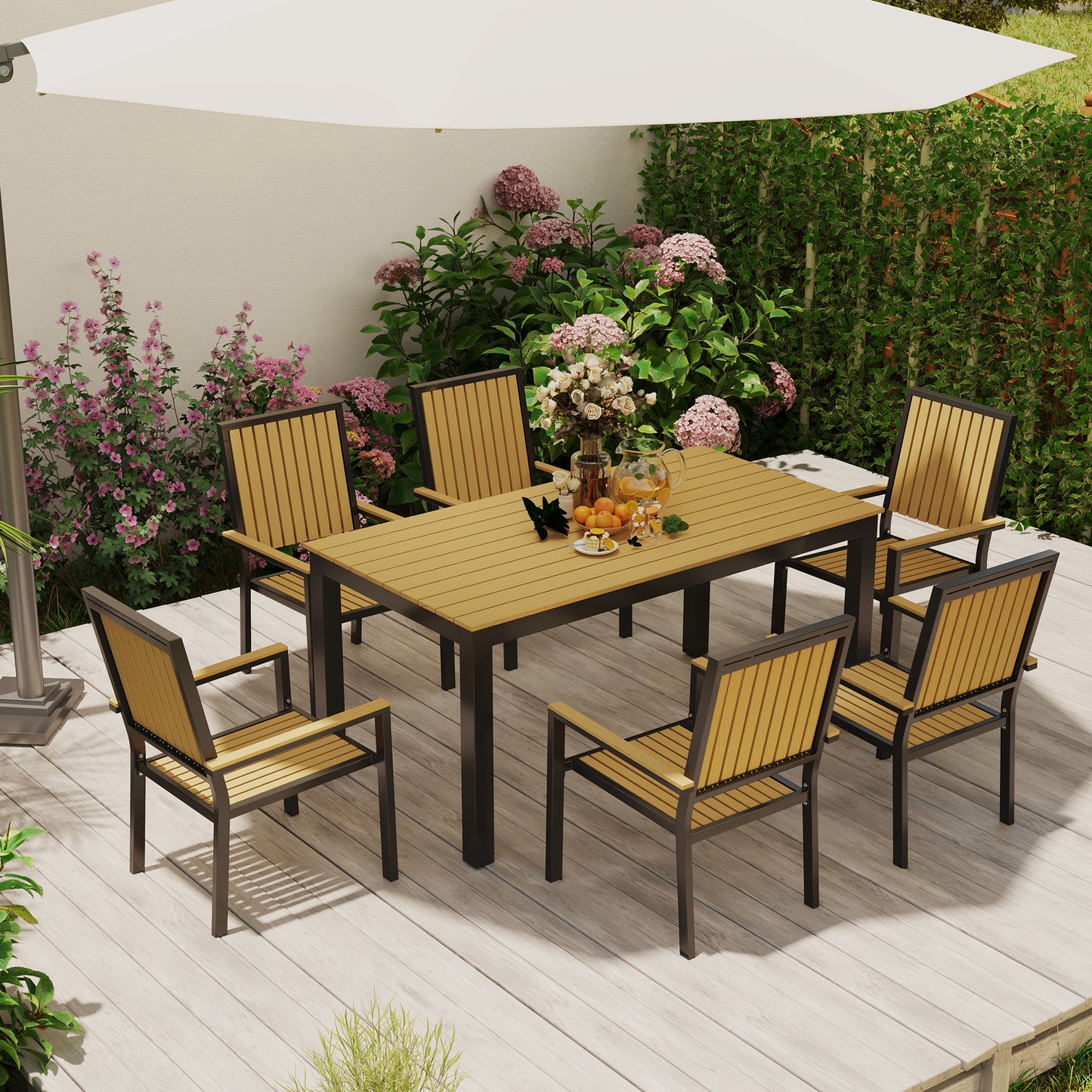 Outsunny 6 Seater Garden Dining Set, Aluminium Frame, Stackable Chairs, Rectangular Plastic Top, Nature Wood