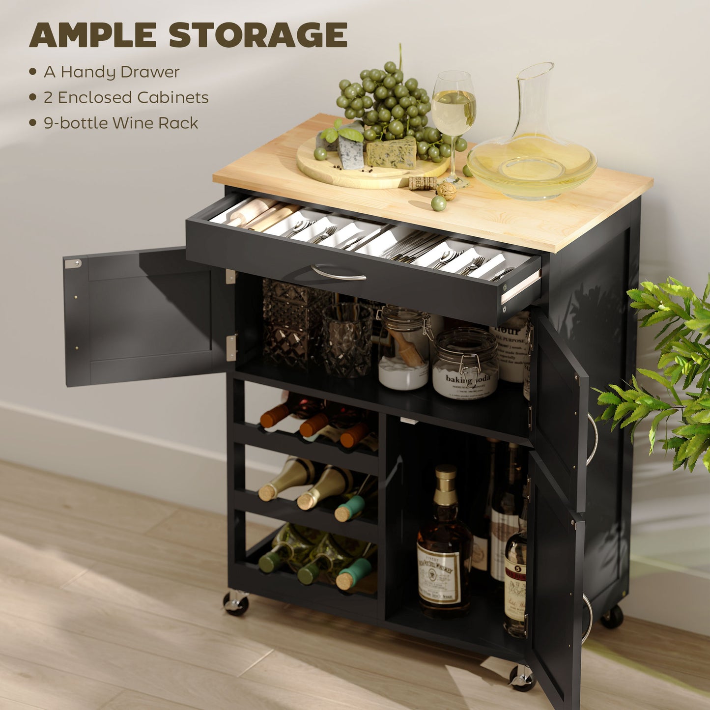 HOMCOM Modern Kitchen Trolley, Rolling Island Storage Cart with Drawer, 9-bottle Wine Rack, Door Cabinets, Black