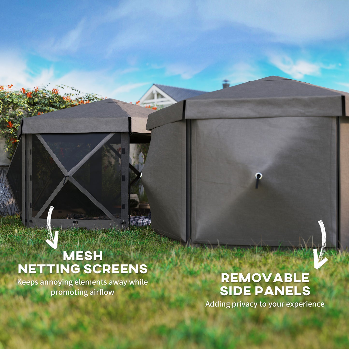 Outsunny 3x3m Hexagon Pop Up Gazebo, Waterproof UV Resistant Tent with Netting & Carry Bag, Brown