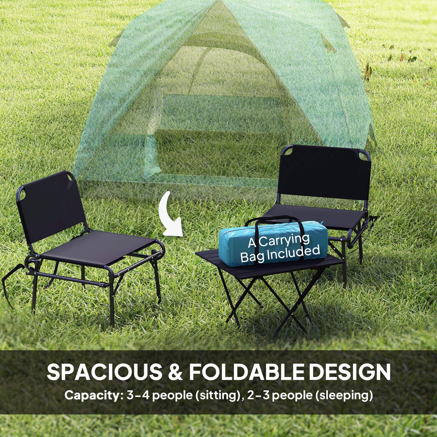 Outsunny 3-4 Person Easy Set Up Waterproof Dome Camping Tent with Groundsheet, Mesh Windows, Pocket, Hook, Navy Blue/Light Blue