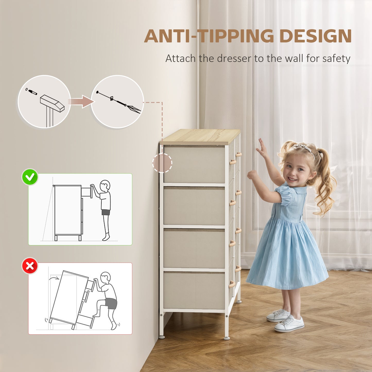 HOMCOM Industrial Chest of Drawers, 8 Fabric Drawers, Steel Frame, Wooden Top, for Nursery, Living Room, Hallway, Maple Wood-effect