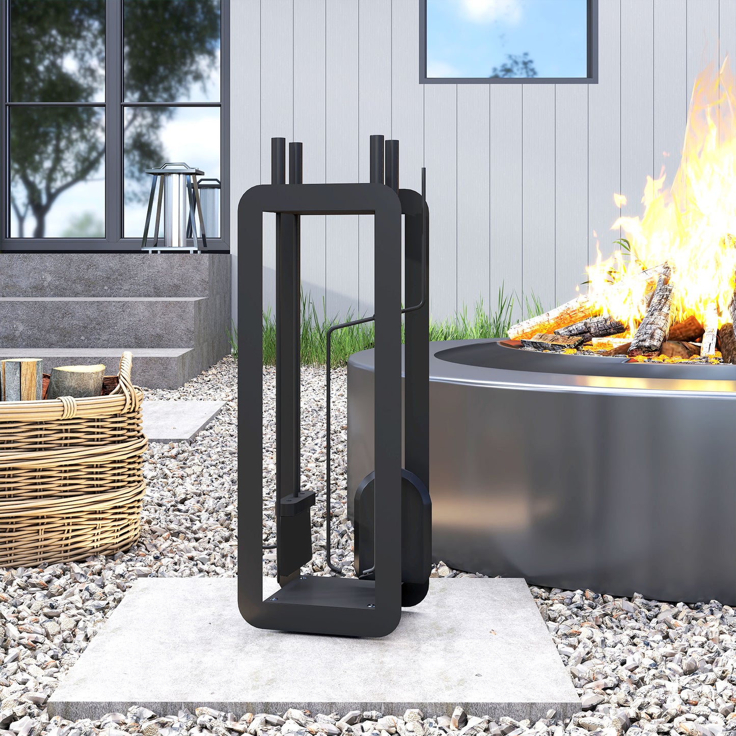 Outsunny 5 Piece Metal Fireplace Set - Includes Brush, Shovel, Poker, Tongs, and Stand, Black.