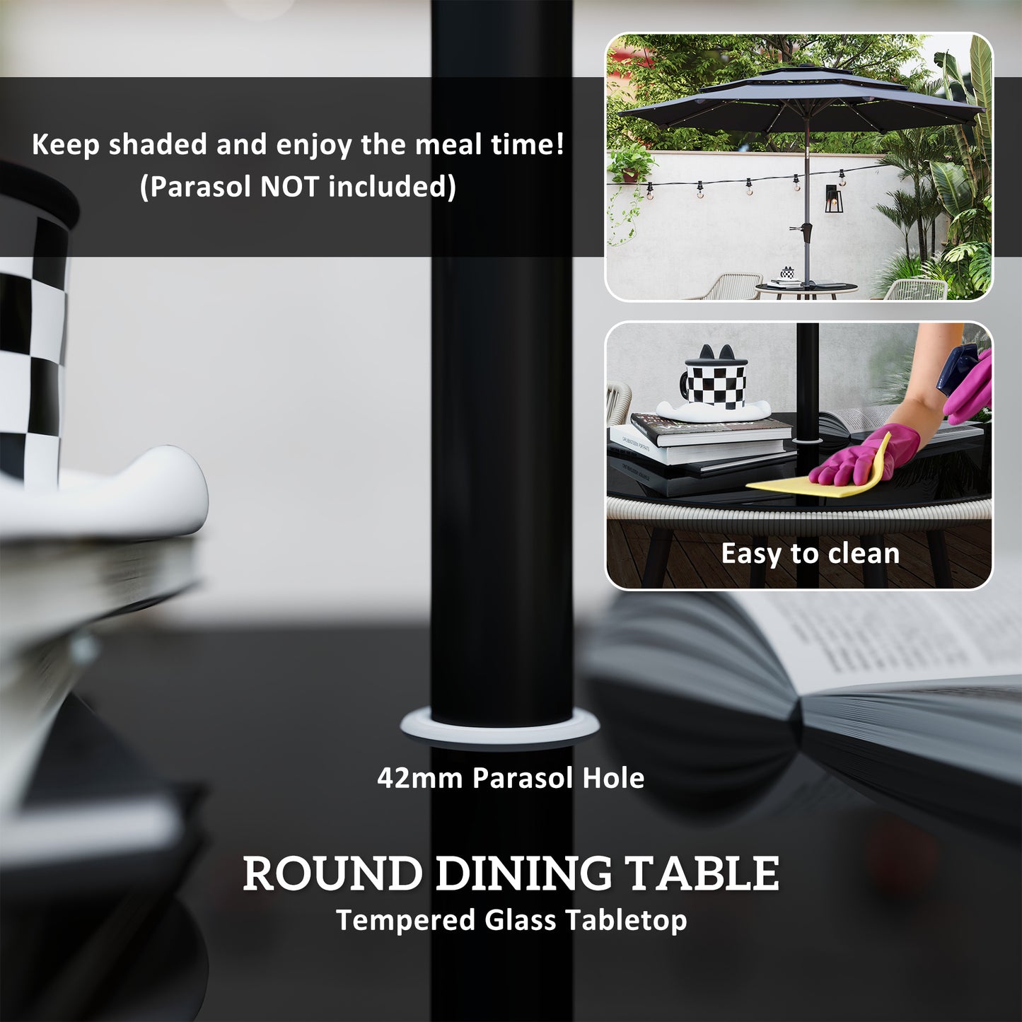 Outsunny 4 Seater Rattan Dining Set, Garden Furniture with Parasol Hole & Cushions, Round Glass Table