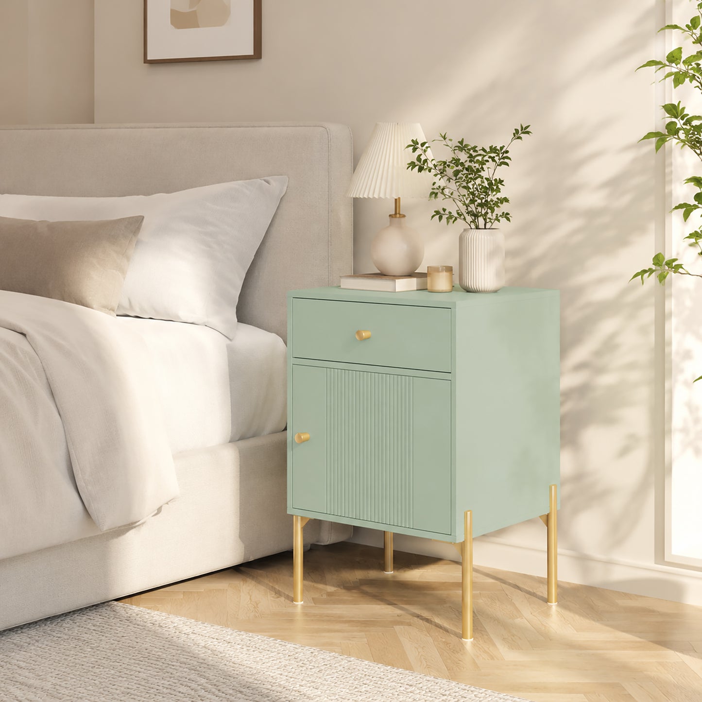 HOMCOM Modern End Table Set of 2, Side Tables with Drawer, Cabinet and Metal Legs for Living Room, Bedroom, Light Green