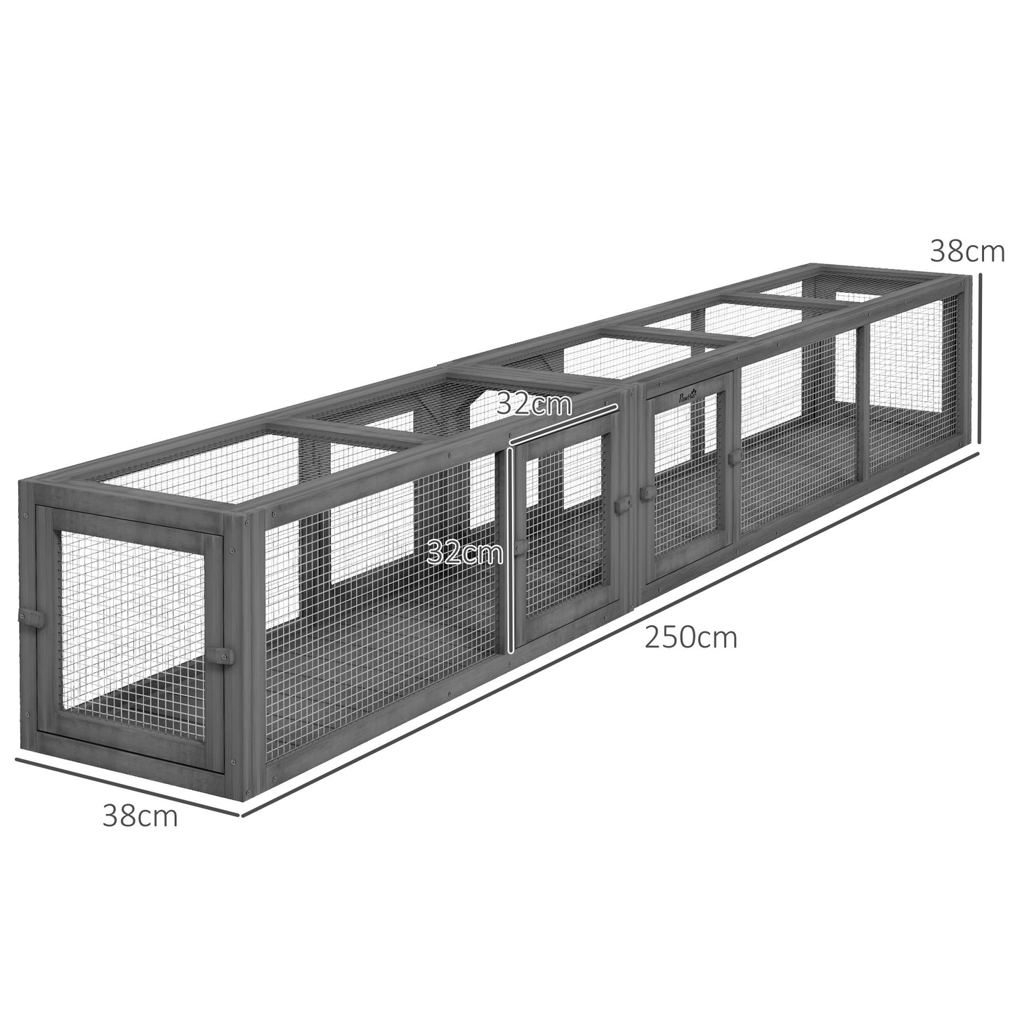 PawHut Cat Tunnel, 250cm Extra Long Wooden Cat Play Tunnel with 8 Doors, L-shape/Rectangle, Outdoor Cat Enclosures, Dark Grey