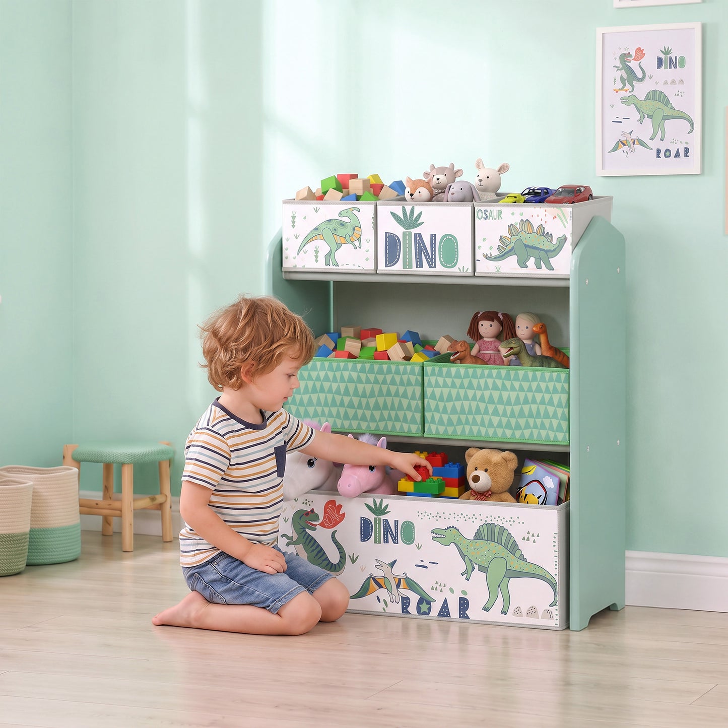 AIYAPLAY Toy Storage Organiser, 3-Tier Wooden Kids Toy Storage Rack with 6 Fabric Storage Bins for Bedroom, Kids Room, Green