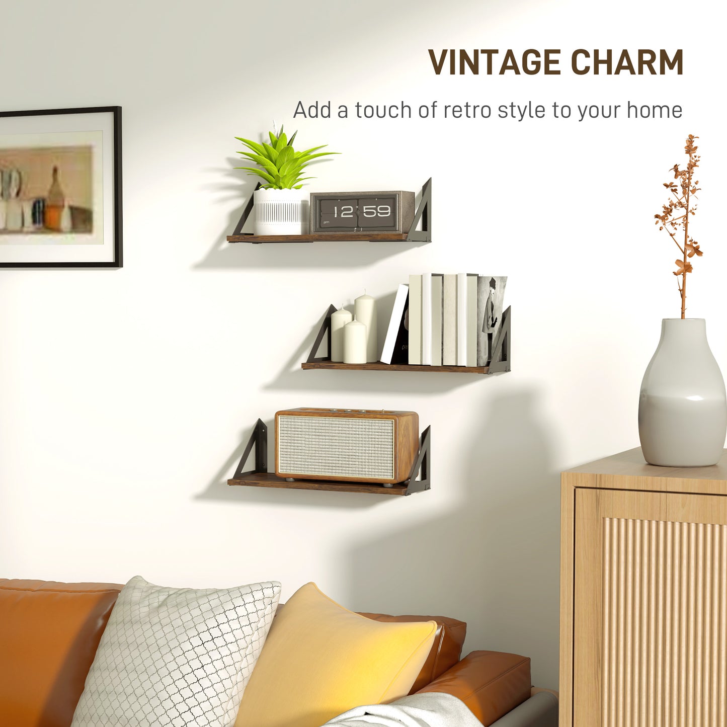 HOMCOM Set of 3 Wall Mounted Floating Shelves, Vintage Wall Shelves for Living Room, Entryway, Bedroom, Rustic Brown