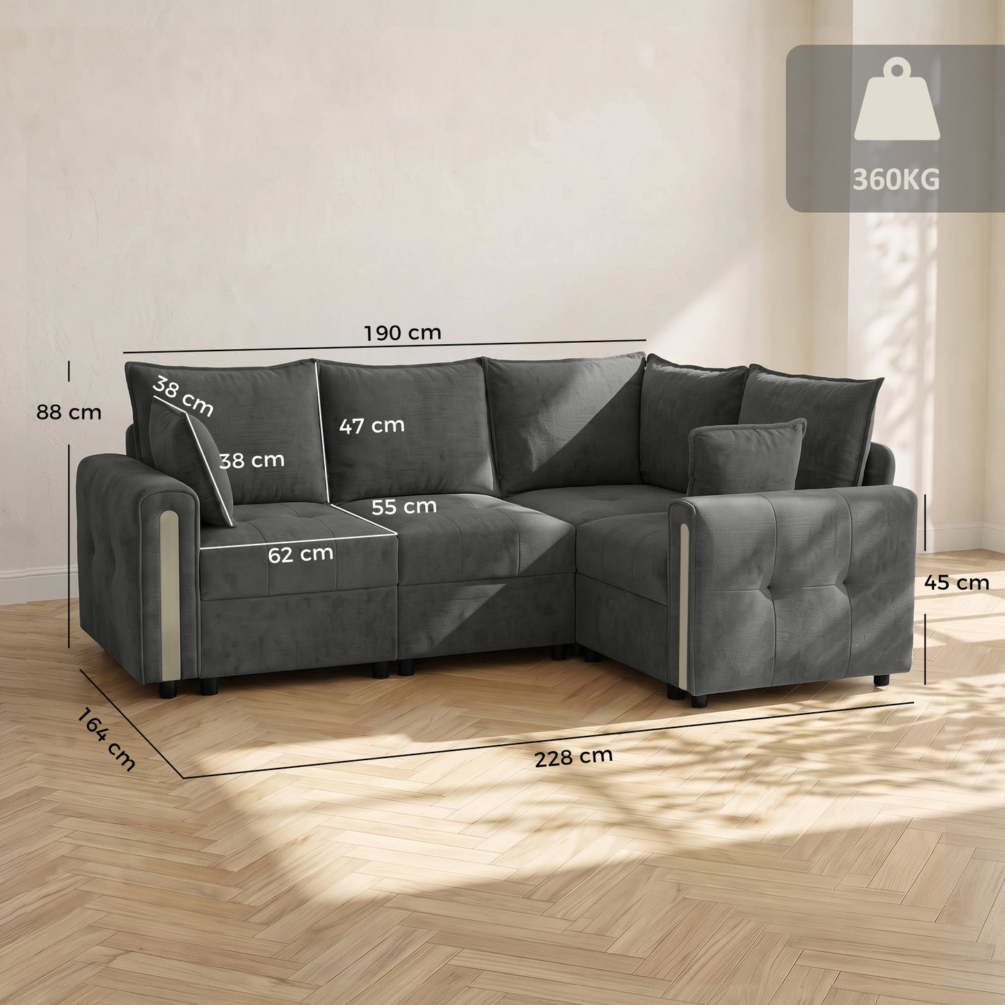 HOMCOM 228cm L Shaped Sofa with Lift-Up Storage, 3-Seater Sectional Sofa with Wide Deep Seat, Dark Grey
