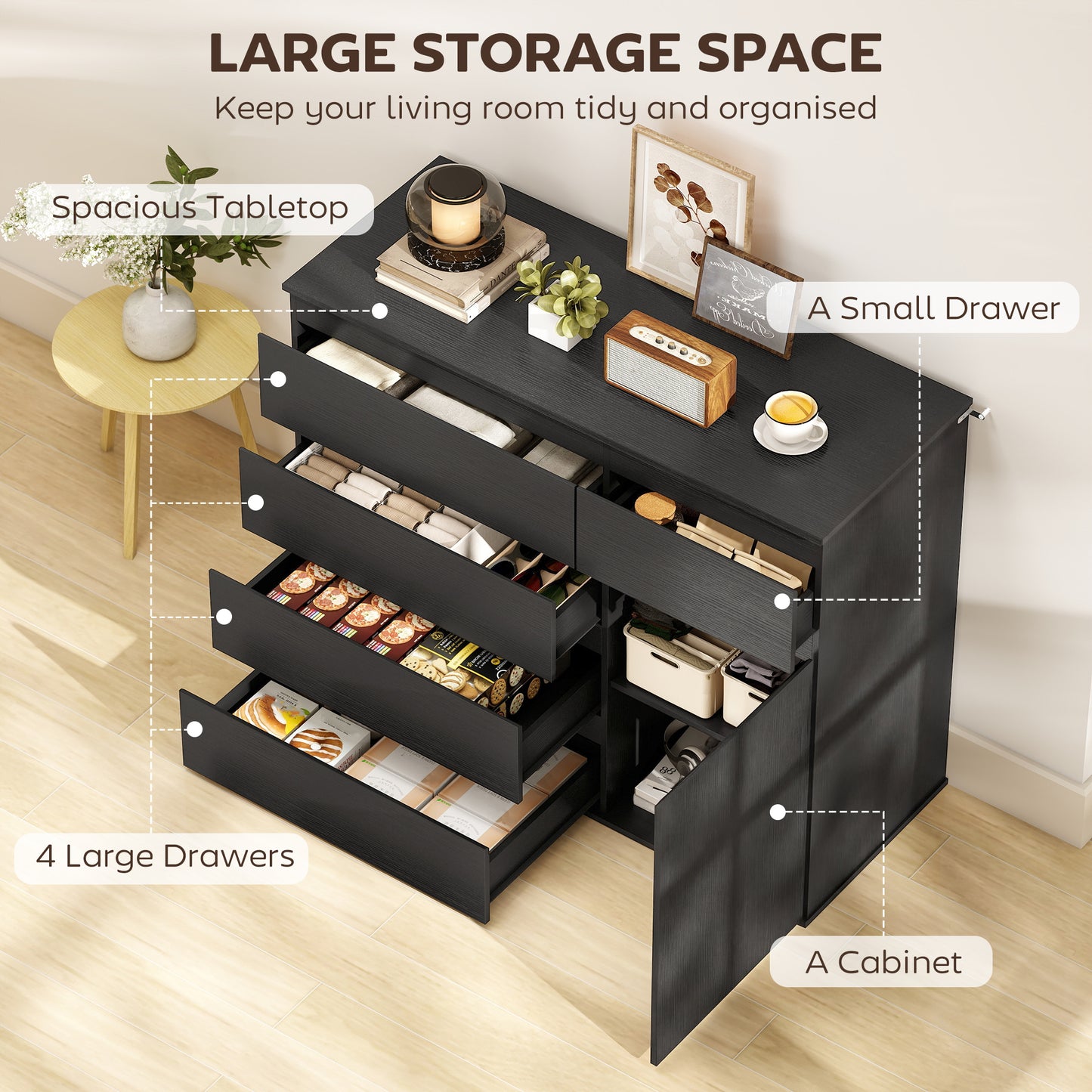HOMCOM Modern Sideboard, Sideboard Storage Cabinet with 5 Drawers, Adjustable Shelf, Soft-Close Door, Black