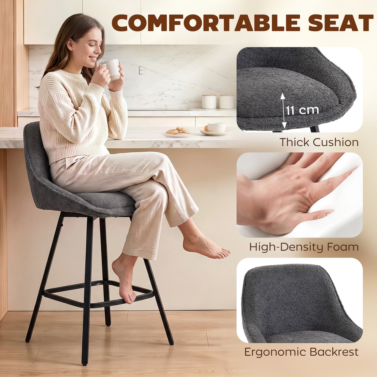 HOMCOM Bar Stools Set of 2, 64 cm Modern Linen-Touch Fabric 360° Swivel Counter Height Bar Chairs, Dark Grey