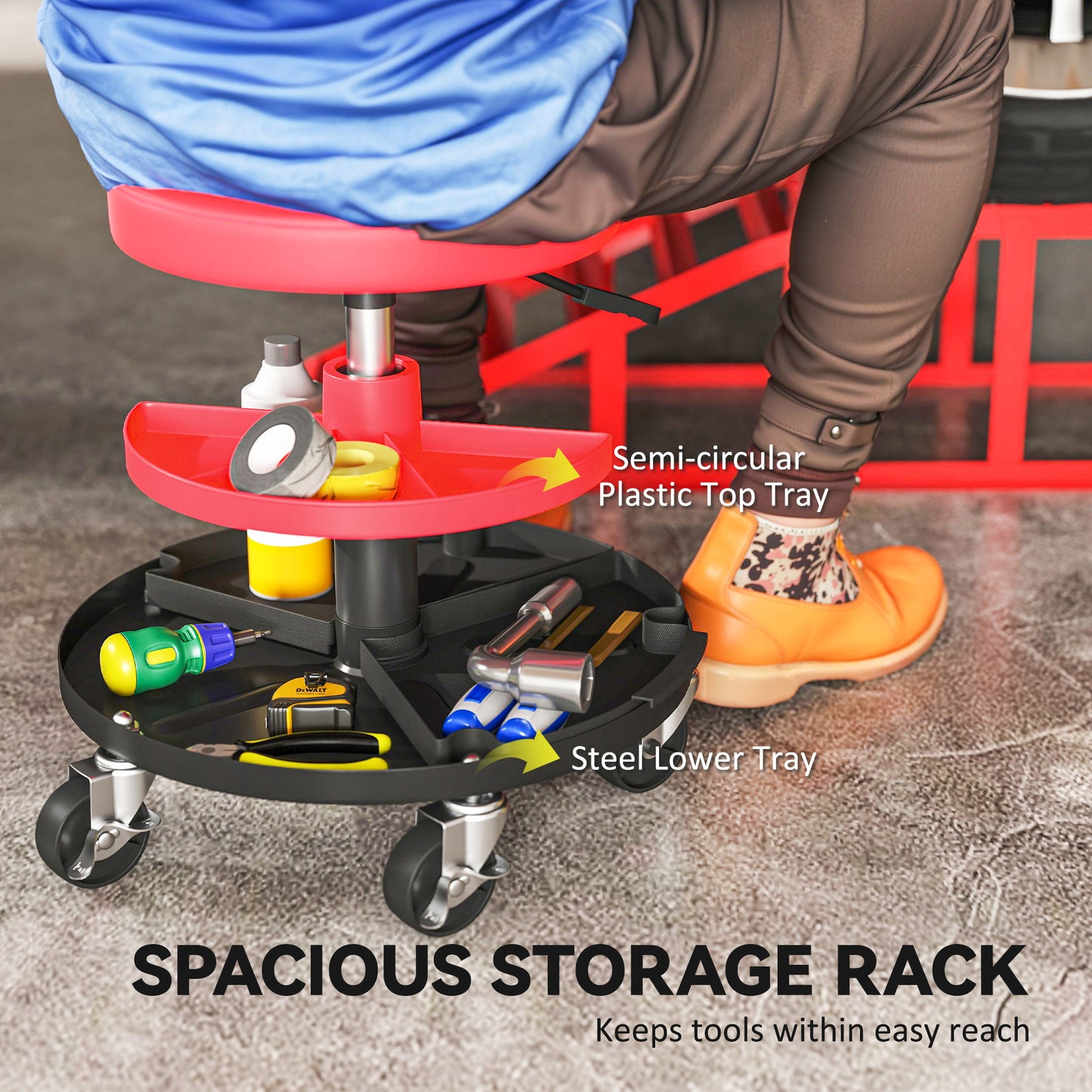 HOMCOM Mechanic Stool, 135kg Capacity, 360° Swivel Roller Padded Creeper Seat with Wheels, Tool Tray Storage, Red