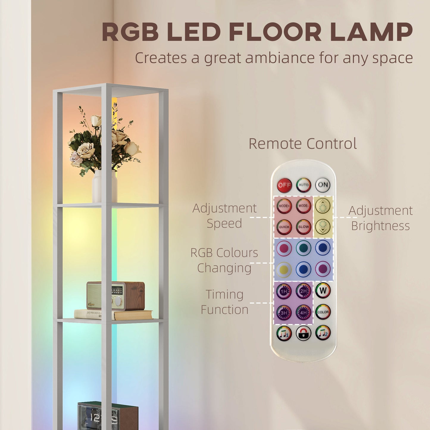 HOMCOM RGB LED Floor Lamp with Shelves, Modern Dimmable Standing Lamp, Remote Control, Adjustable Brightness & Speed for Living Room, Grey