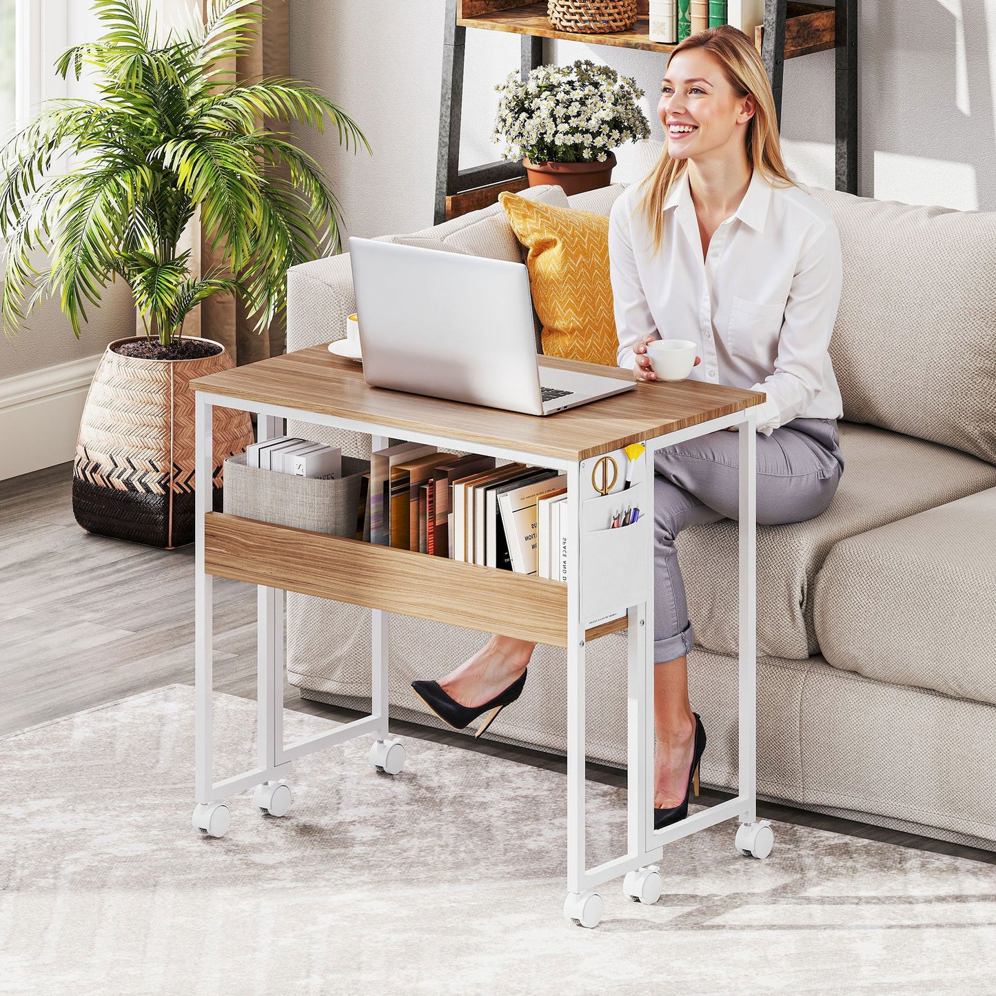 HOMCOM 80 cm Folding Desk with Storage Shelf and Drop Leaf on Wheels - Natural Wood Finish