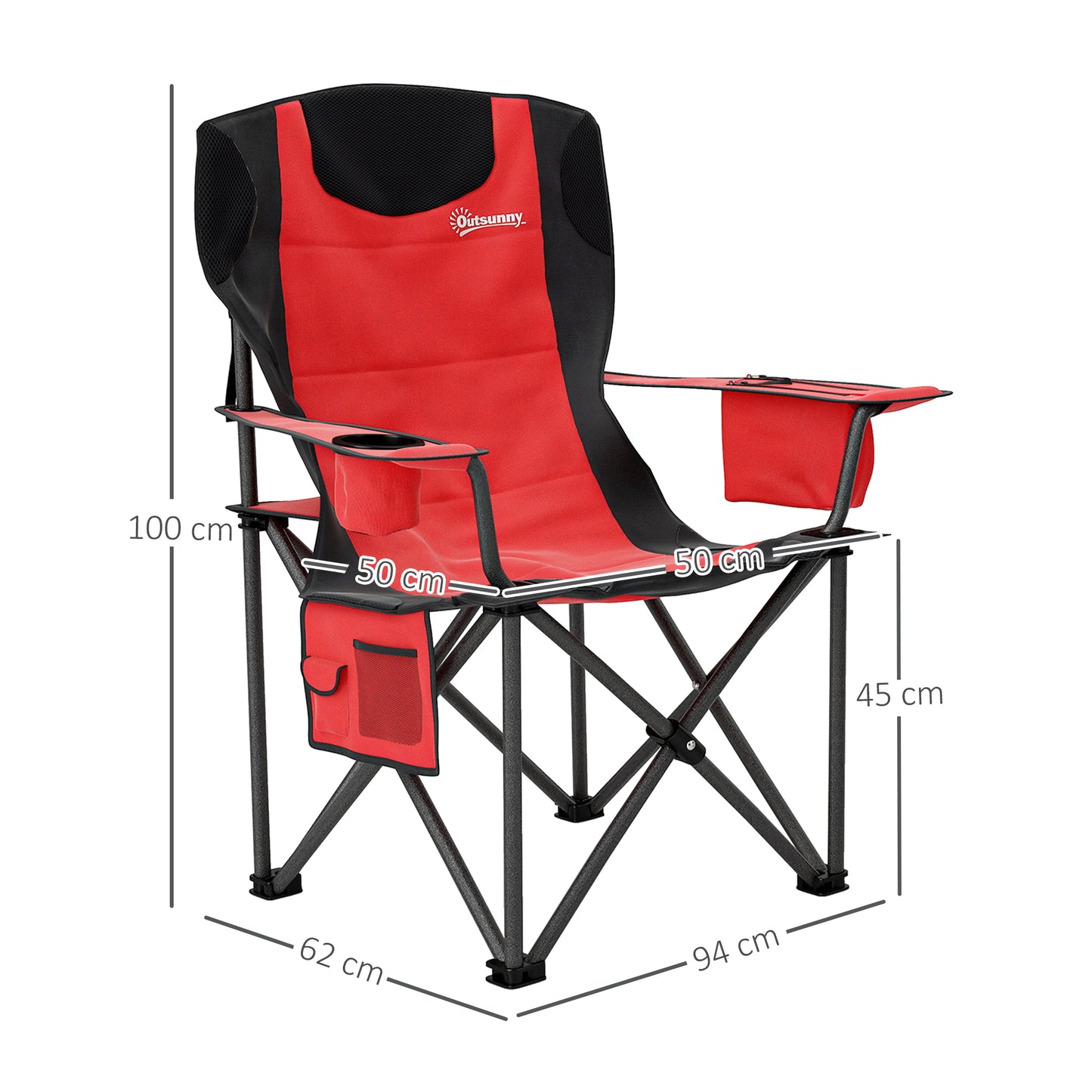 Outsunny Set of 2 Padded Folding Camping Chairs, Adjustable Armrests, Cooler Bag, Cup Holder, Side Pockets, Portable & Lightweight, Red
