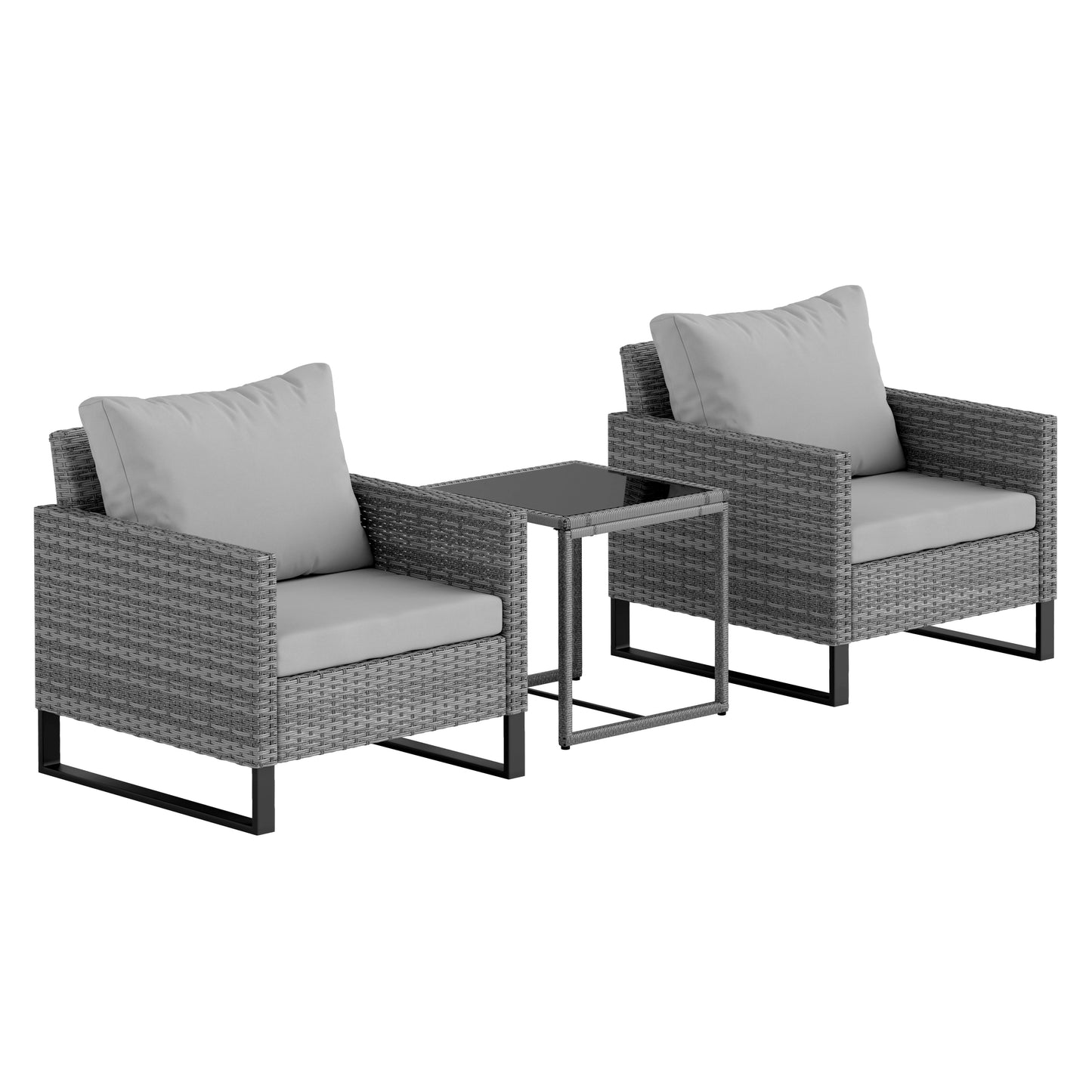 Outsunny Rattan Bistro Set: 3 Pieces with 4 Cushions, Glass Top Table & Chairs for Patio, Balcony, or Conservatory, Grey