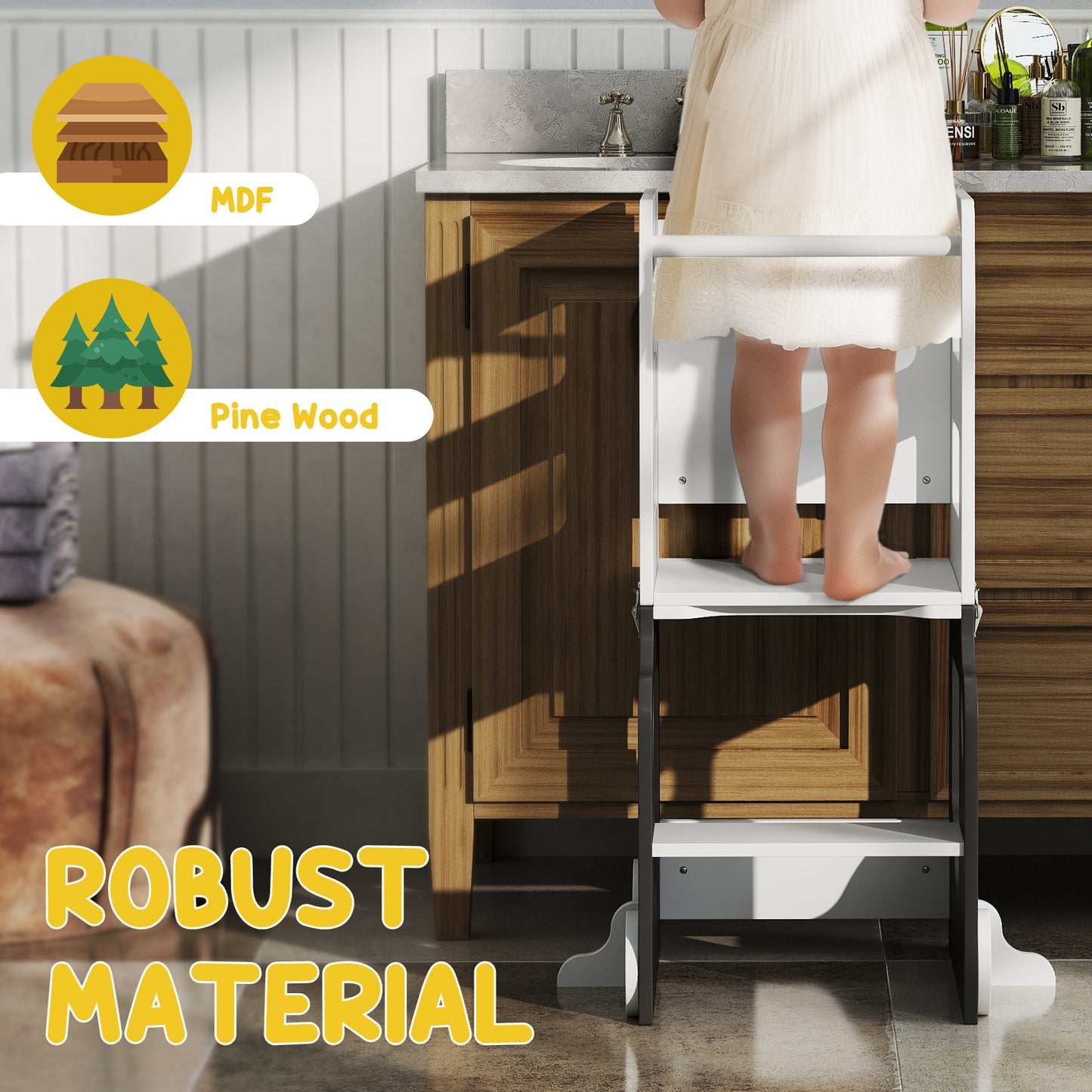 AIYAPLAY Toddler Step Stool, 4 in 1 Standing Tower, Foldable Toddler Step with Safety Rail, for Kitchen, Bathroom, Grey