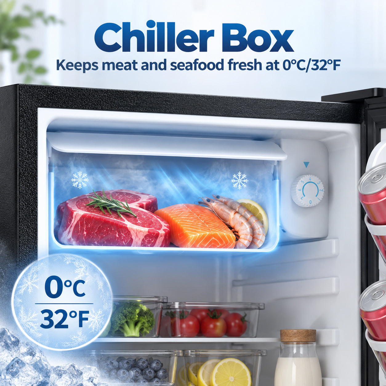HOMCOM 73 L Mini Fridge with Chiller Box, Single Door Compact Refrigerator, Adjustable Thermostat, Reversible Door, Black