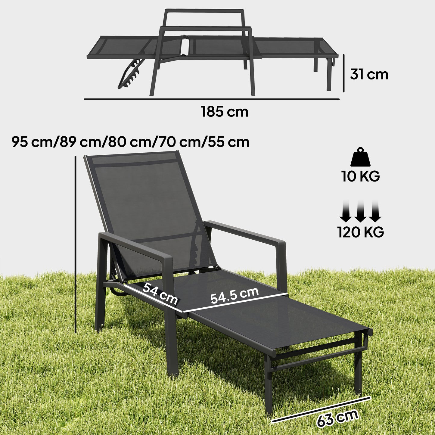 Outsunny Sun Lounger Retractable Footrest 5-Position Adjustable Steel Frame for Beach, Porch, Patio, Camping, Black