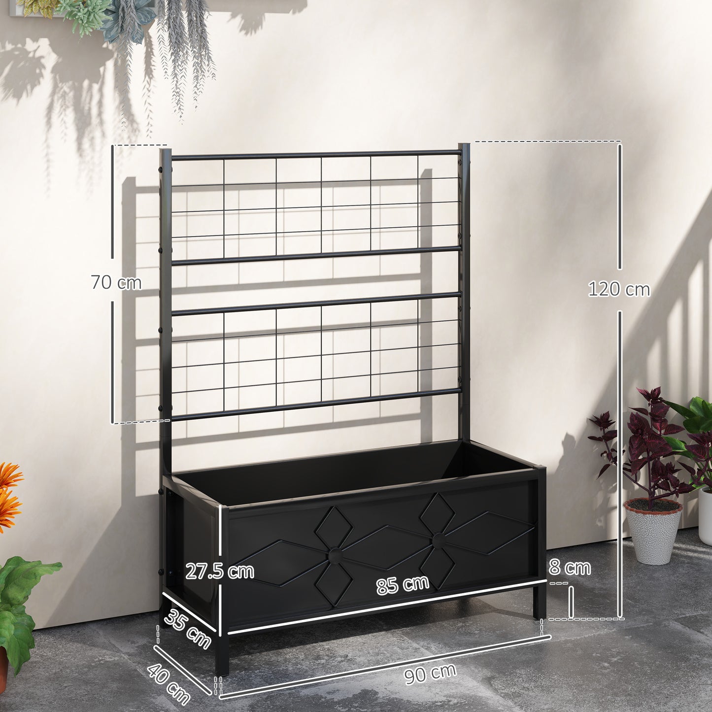 Outsunny Raised Bed with Trellis, Galvanised Planter Box with Drainage Holes for Vegetables, Herbs & Flowers, 90x40x120 cm, Black