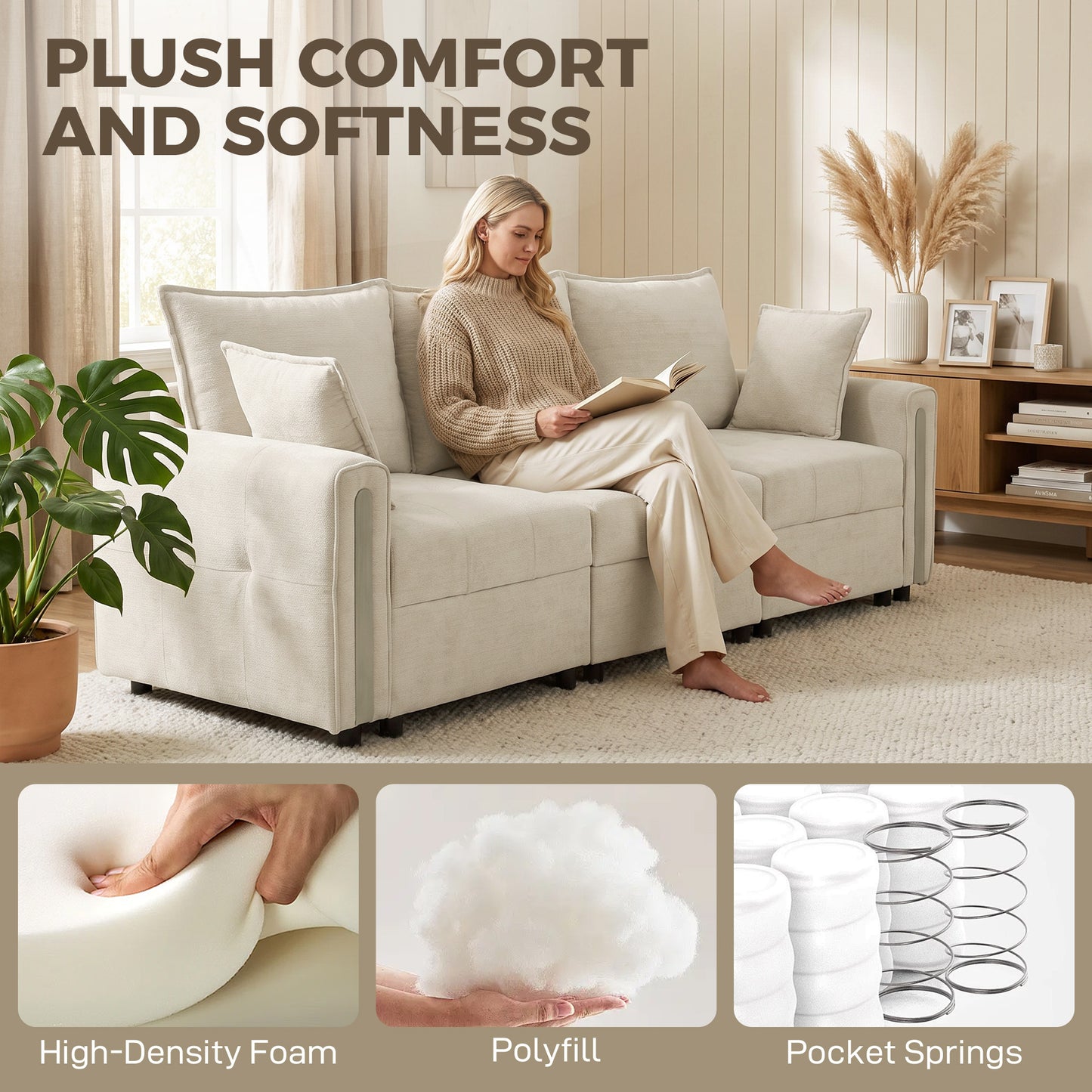 HOMCOM 3 Seater Sofa with Lift-Up Storage, 228cm Comfy Velvet Couch with Wide Deep Seat, Beige