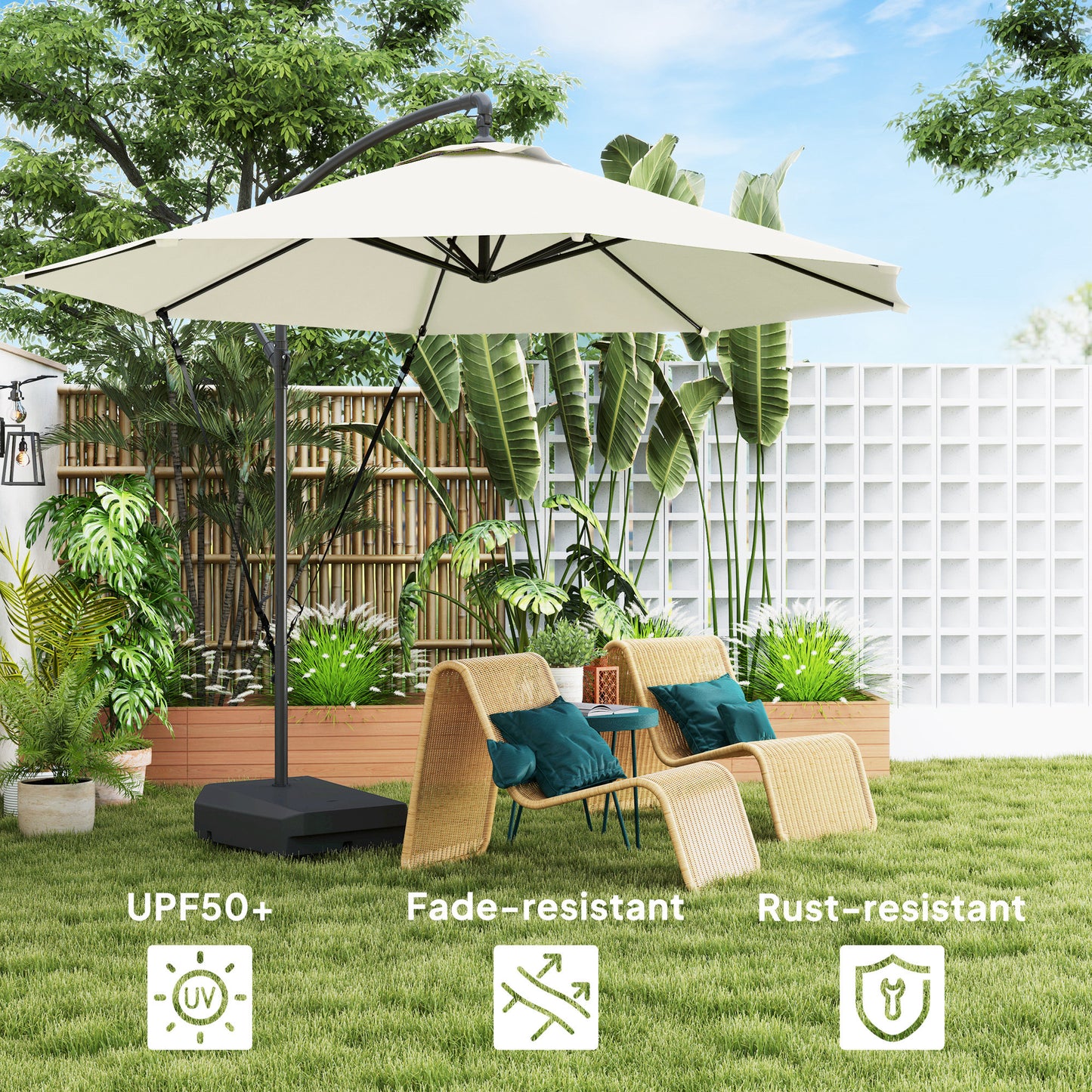 Outsunny Garden Cantilever Parasol with Fillable Base, Wind Strap, Cover, Crank Handle, Tilt, UPF50+, Patio Umbrella, Cream