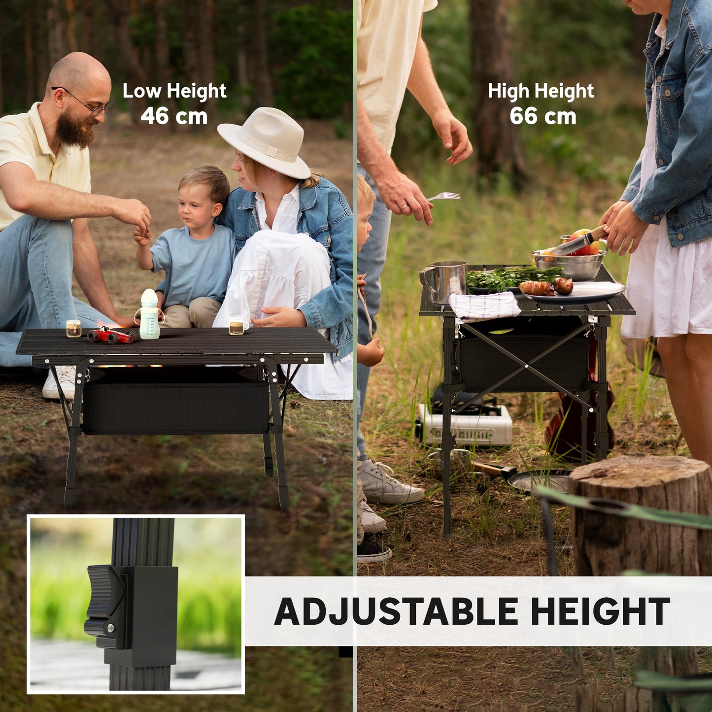 Outsunny Folding Camping Table, Height Adjustable Portable Aluminium Picnic Table with Storage Basket for Outdoor BBQ, Black