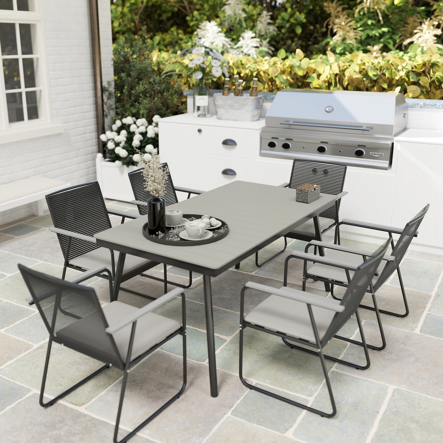 Outsunny 6 Seater Garden Dining Set, Soft Cushions, Rattan Backrest, Rectangular Plastic Top, Outdoor Furniture for Patio, Balcony, Poolside, Grey