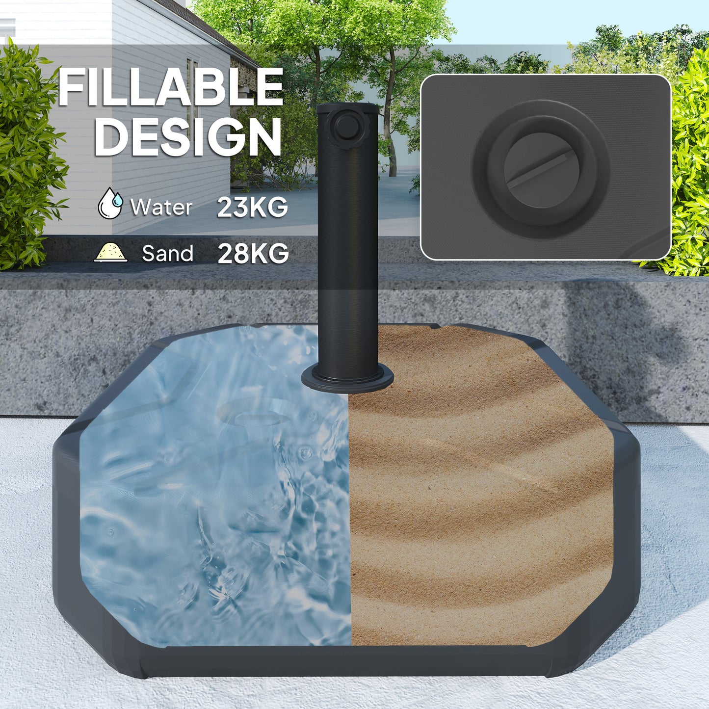Outsunny Square Garden Umbrella Stand, Heavy Duty Parasol Base, Up to 25kg with Sand/20kg with Water, Black