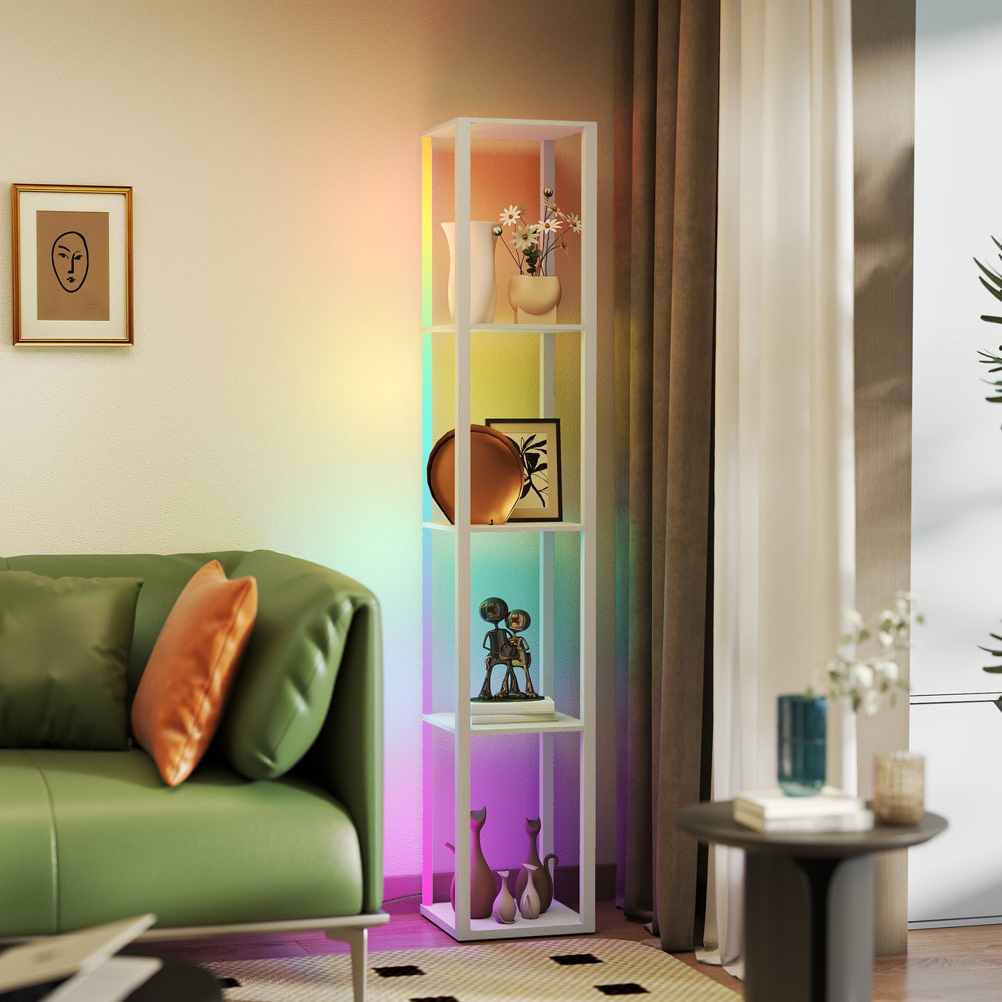 HOMCOM RGB LED Floor Lamp with Shelves, Modern Dimmable Standing Lamp, Remote Control, Adjustable Brightness & Speed for Living Room, Oak