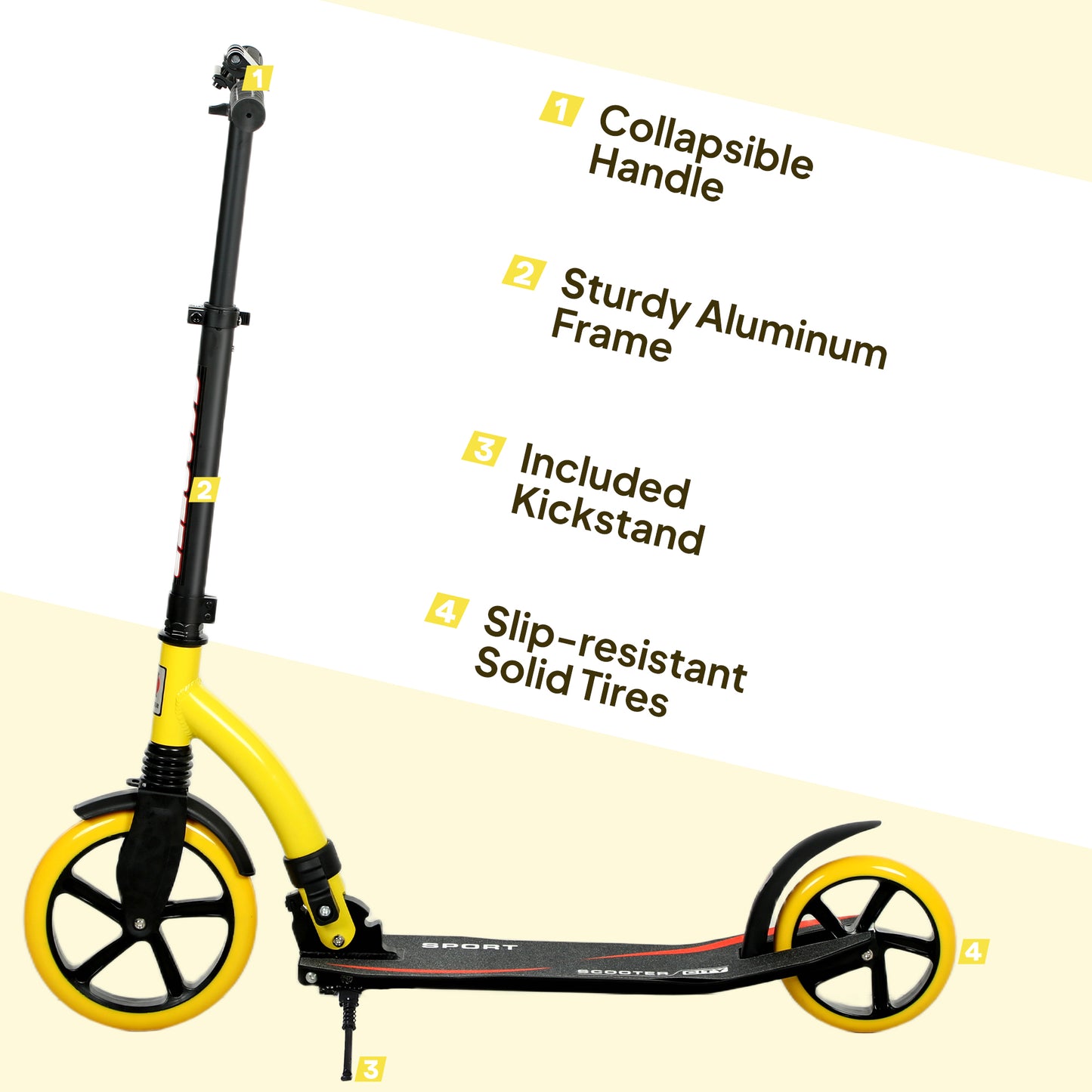 HOMCOM Foldable Kick Scooter, Double Shock Absorption, Big Wheels, Height Adjustable Aluminum Frame for 14+ Teens/Adults - Yellow