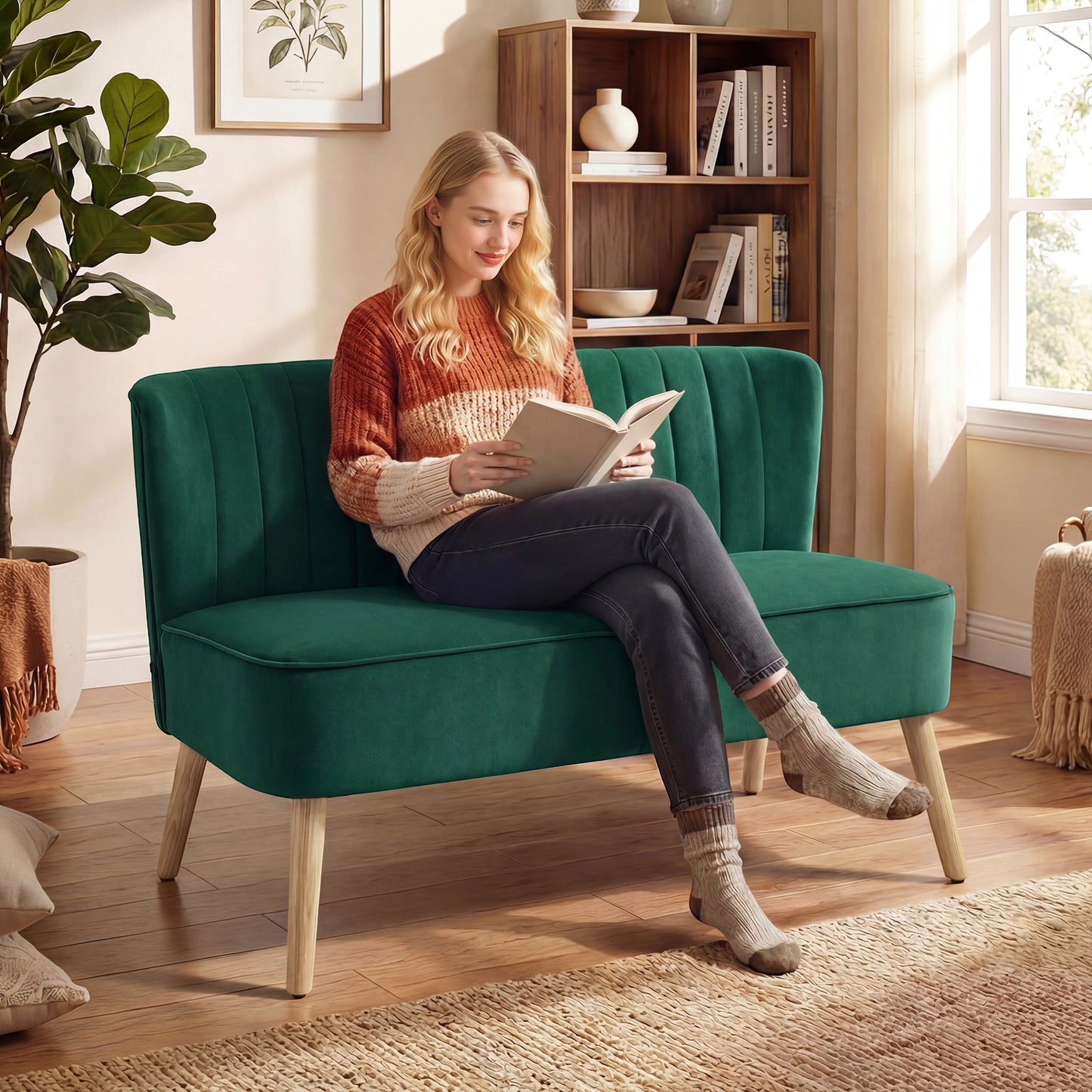 HOMCOM 46" Loveseat Sofa Upholstered Small 2 Seater Sofa  with Thick Padded Seat and Rubber Wood Legs, Dark Green