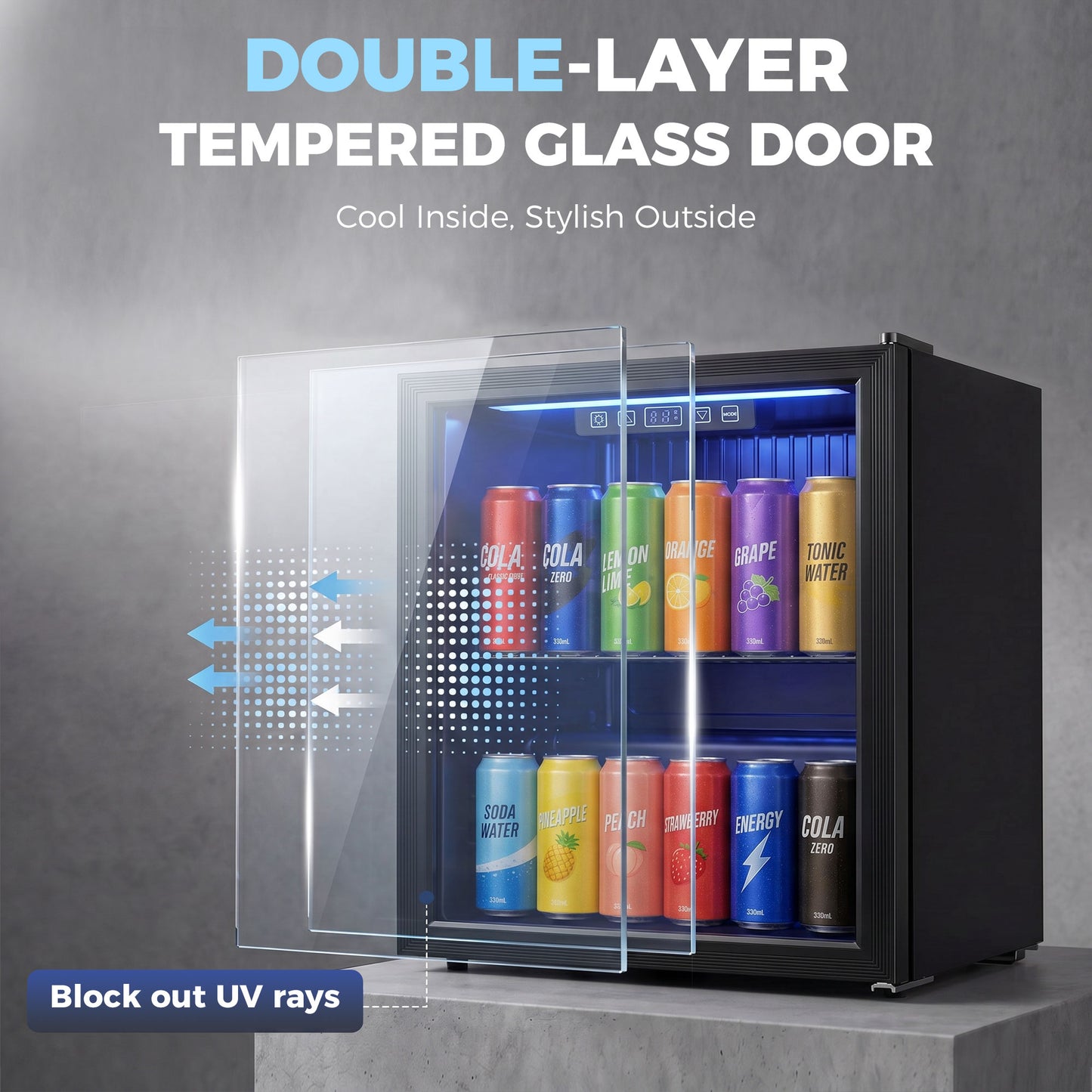 HOMCOM 50L Drinks Fridge, 48 Can Under Counter Freestanding Beer Fridge with Double-Layer Glass Door, Wine Cooler with LED Light, Adjustable Shelf, Beverage Cooler for Soda Beer, Home Office