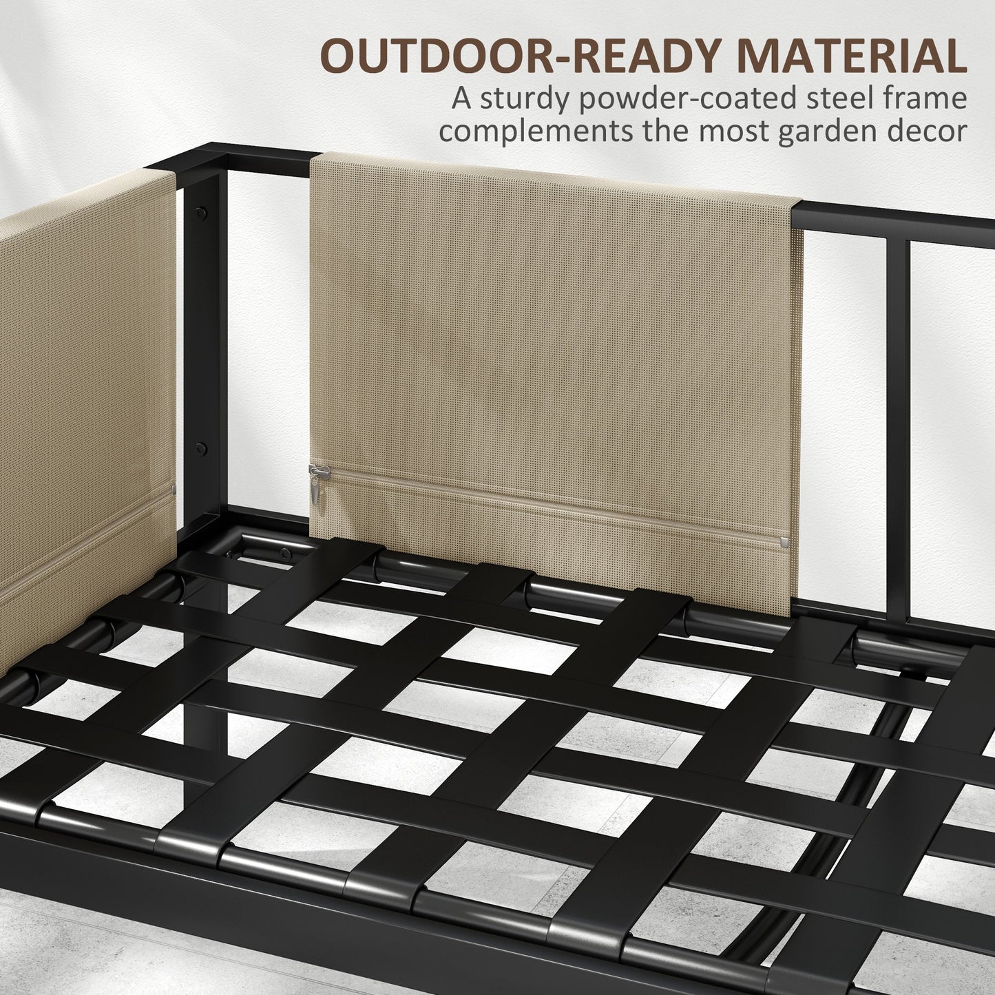 Outsunny 4 Pc Metal Garden Furniture Set w/ Glass Coffee Table, Mesh Pocket, Sofa Loveseat, Padded Cushions, Khaki